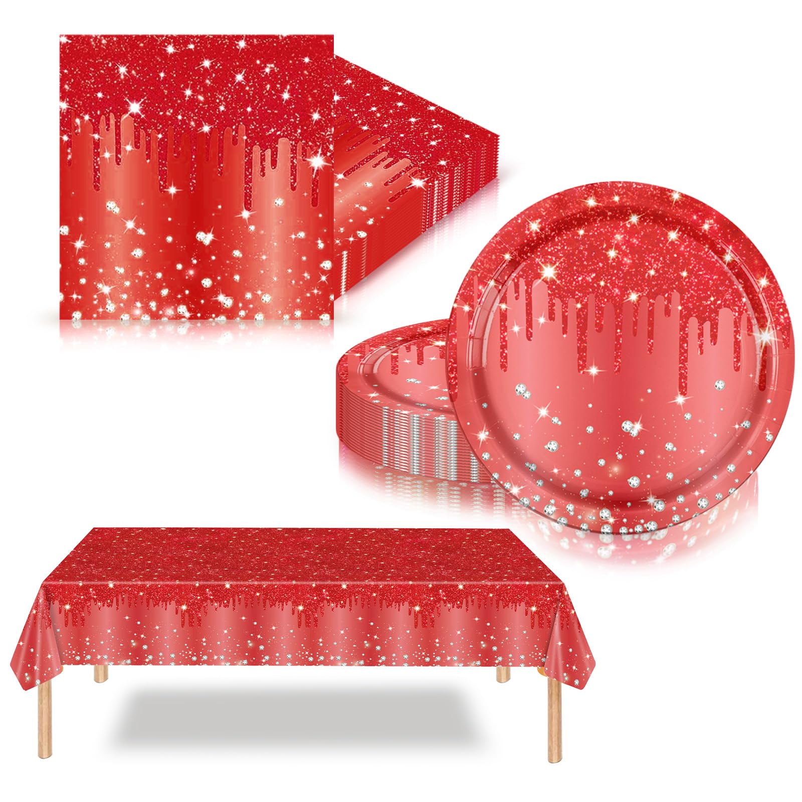 41Pcs Red Diamond Party Tableware Set for Her Women Girls,Glitter Disposable Dinnerware with 20 Red Paper Plates,20 Napkins,Plastic Table Cloth for Her Birthday,Wedding,Baby Shower Party Decoration — image 1