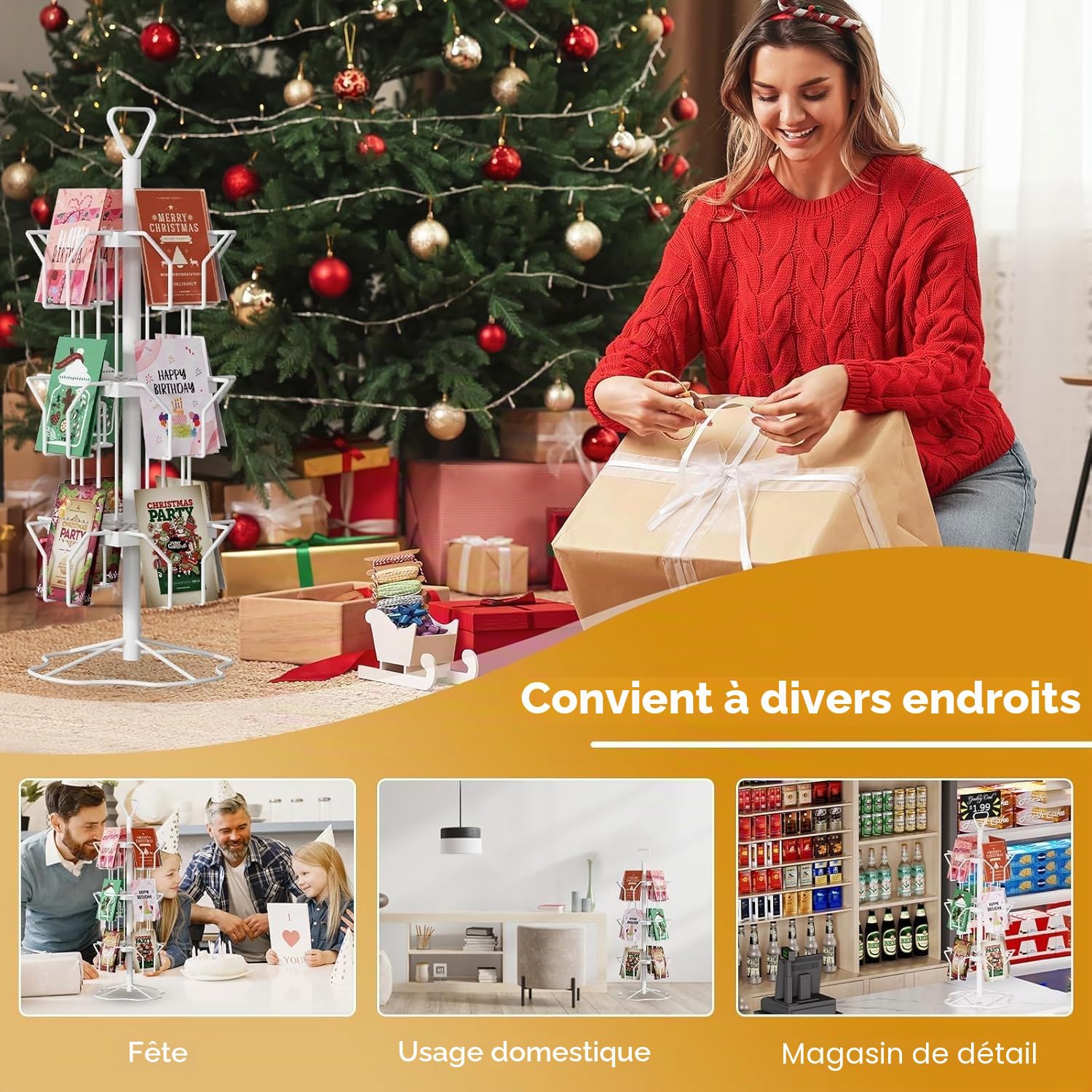 Présentoir pour cartes de vœux rotatif à 3 niveaux, 12 poches en métal, pour cartes postales, brochures, autocollants, vitrine (blanc)