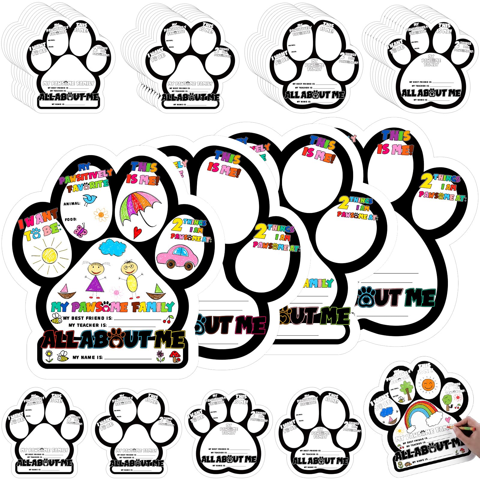 Feifeiya 40 Pcs All About Me Paw Prints Posters for Kids Color Your Own Paw Poster Bulk DIY Coloring Posters Dog Print Paw Poster Set for Elementary School Student Teacher Classroom Supplies
