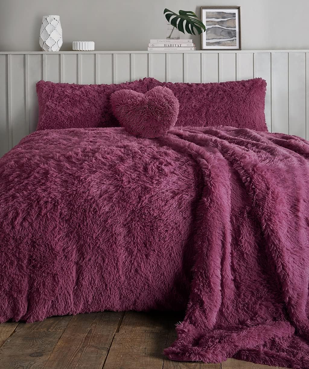 Axcent Comfort Cuddle Long Pile Teddy Fleece Fur Duvet Cover Sets Double Plum Winter Plush Sherpa Fleece Duvet Cover & 2 Pillowcases Soft Cosy Shaggy Fluffy Bedding Quilt Covers Sets