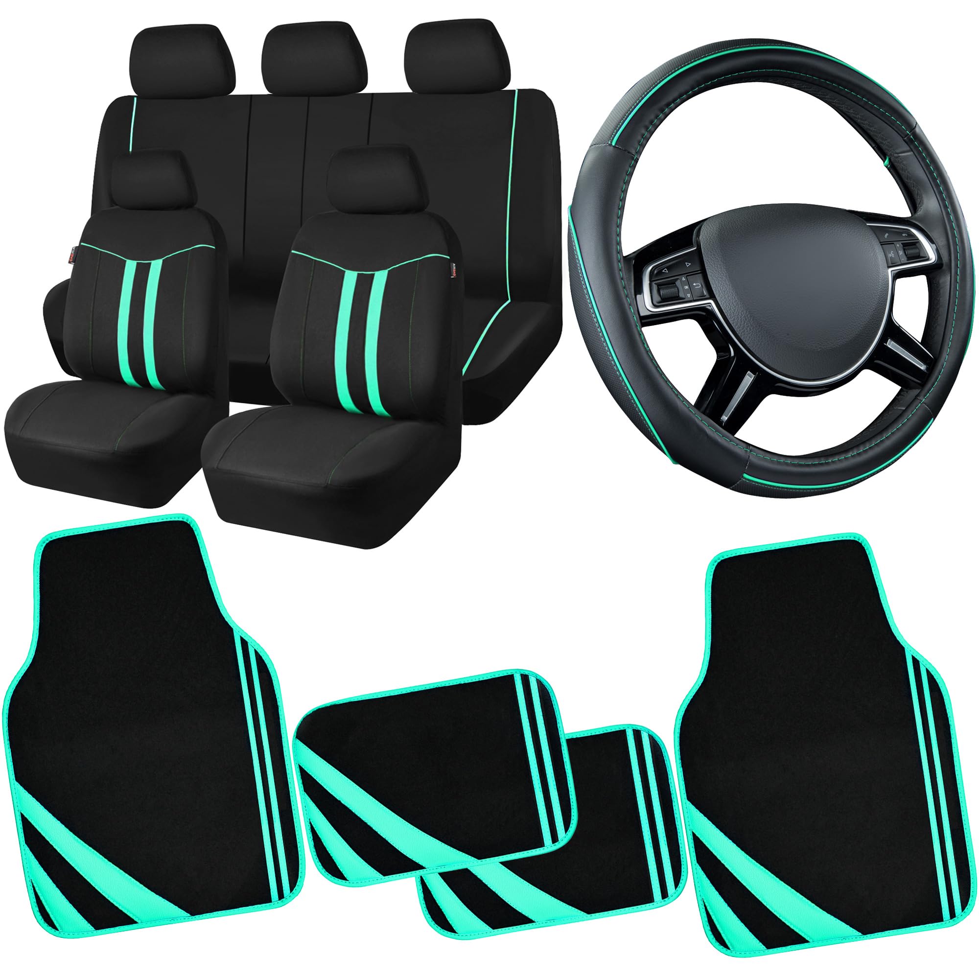 CAR PASS®Colour Piping Leather Universal Fit Steering Wheel Cover, Cloth Car Seat Covers Full Set, Waterproof Edge Leather Car Floor Mats, Car Accessories Interior Sets (Black & Mint)