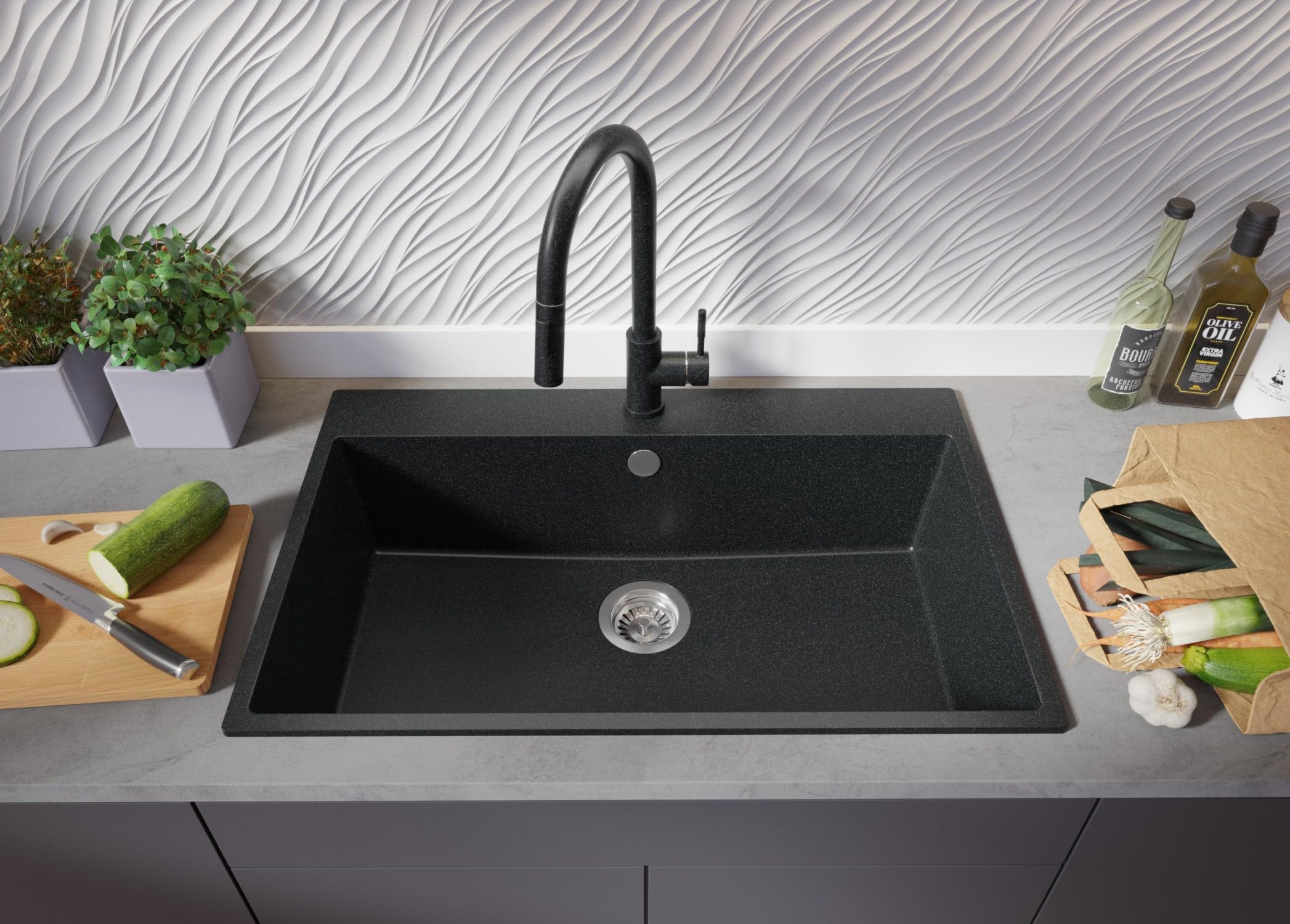 PRIMAGRAN Lavello da Cucina Grafite 78x50cm, Lavandino in Granito a 1 vasca + Sifone Classico, Lavabo da Cucina Incasso al Mobile 80cm - Riga S397