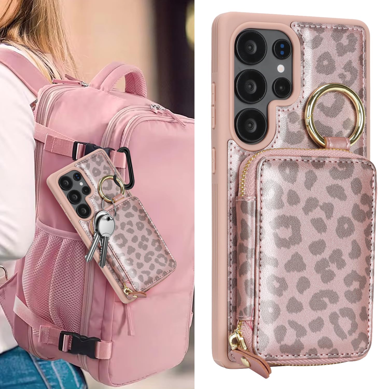 Etui do Galaxy S25 Ultra z uchwytem na karty, do Galaxy S25 Ultra etui na telefon portfel z zamkiem błyskawicznym z przegródką na podpórkę etui dla kobiet i mężczyzn 17.5 cm, różowe złoto