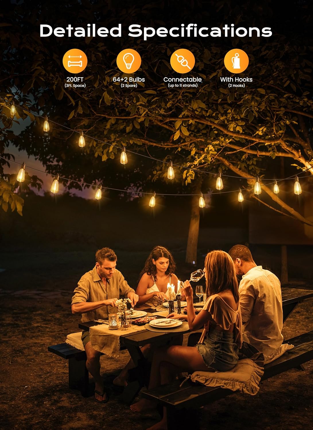 brightown outdoor string lights, 200ft 64+2 led st38 led patio lights shatterproof, dimmable ip65 waterproof connectable hanging outdoor light for backyard, porch, deck, balcony black 200ft 64led