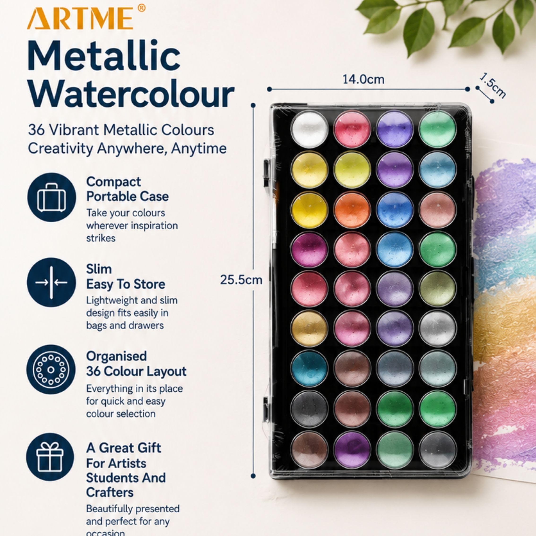 Artme Acuarelas/Paletas metálicas para pasteles de pintura de acuarela con un pincel de artista, 36 colores vibrantes
