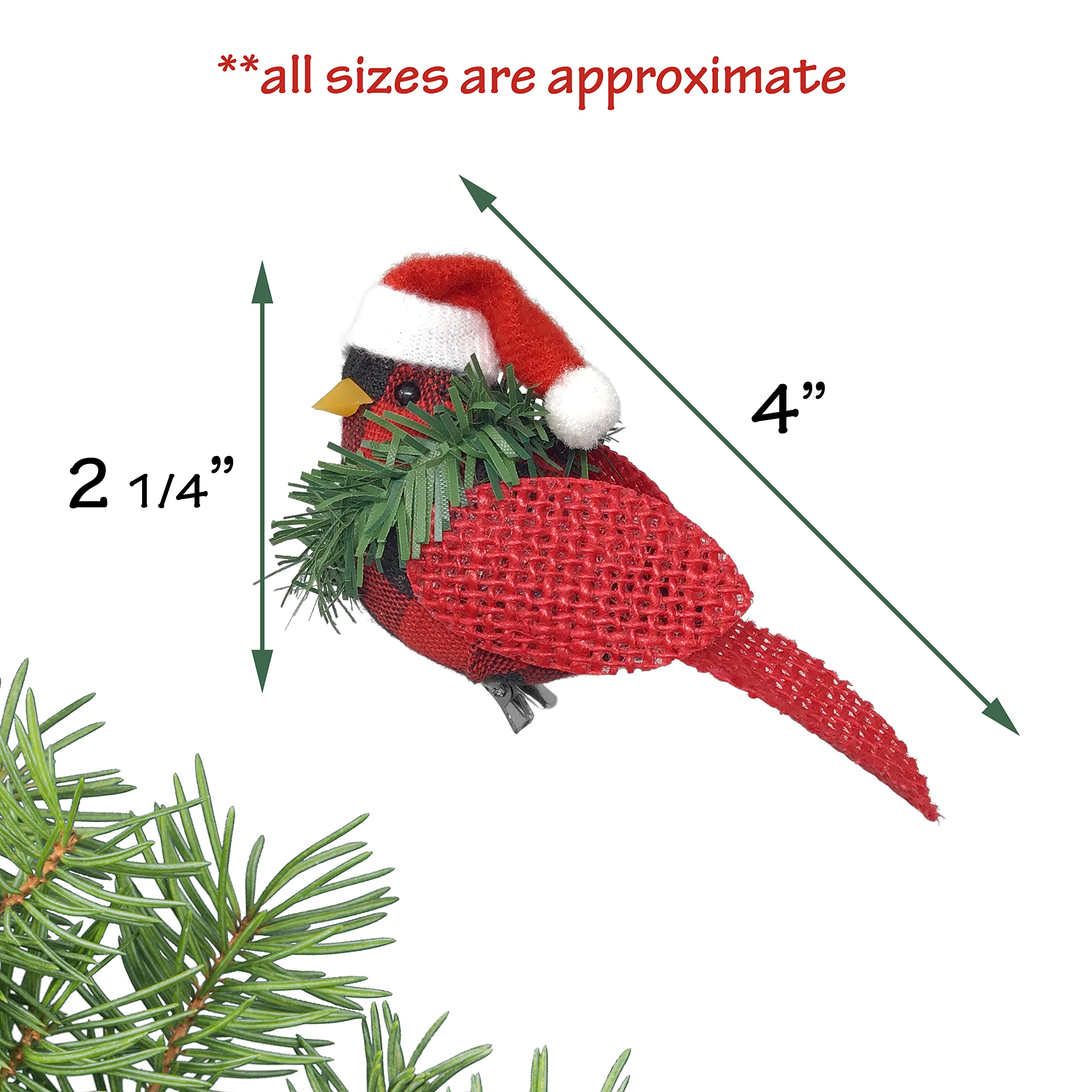 BANBERRY DESIGNS Set Di 6 Ornamenti Cardinali Con Clip - Uccelli Rossi In Iuta E Quadri Buffalo Con Cappello Di Babbo Natale
