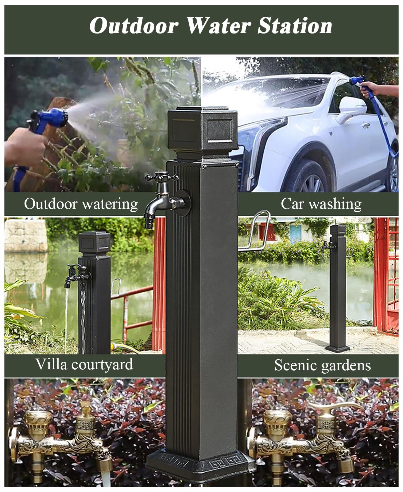Colonne d'eau Jardin, Colonne d'eau autoportante, Colonne d'eau pour Robinet terrasse extérieure, Colonne Robinet Fontaine Cour avec Bec verseur et Support Tuyau, arrosage rétro antigel