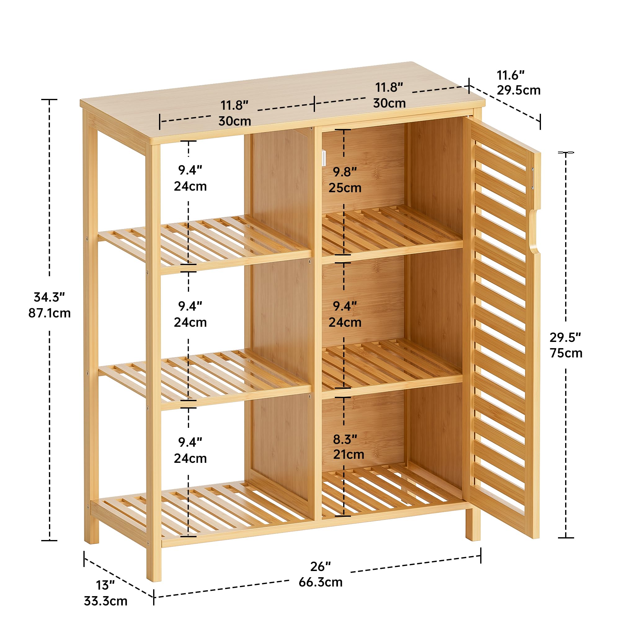 HITNET Mueble Baño Bambu, Armario Bajo Baño Auxiliar, Gabinete de Almacenamiento con Puerta y 3 Estantes Abiertos, para Sala de Estar, Cocina, Entrada, Natural