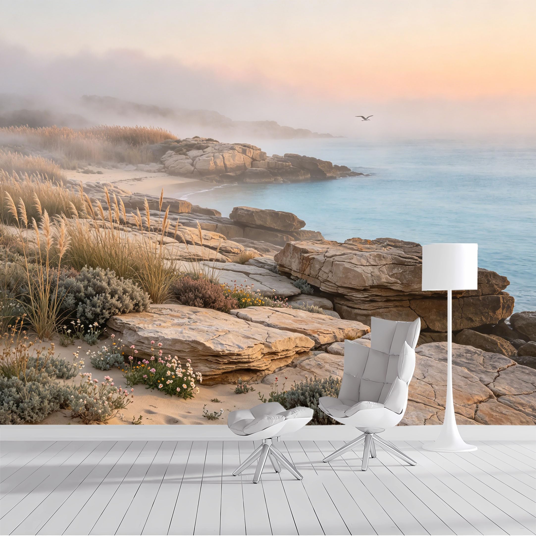 Custom Size Wall Mural Coastal Seascape Misty Ocean Dawn Beach Landscape Tranquil Foggy Sunrise Bird Flying Landscape SelfAdhesive Wall Fabric Removable Wallpaper for Living Room