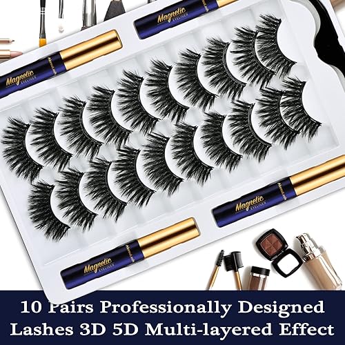Miniatura 2 de Pestañas magnéticas de aspecto natural con delineador de ojos, 10 pares reutilizables de volumen completo de ojo de gato, kit de pestañas magnéticas