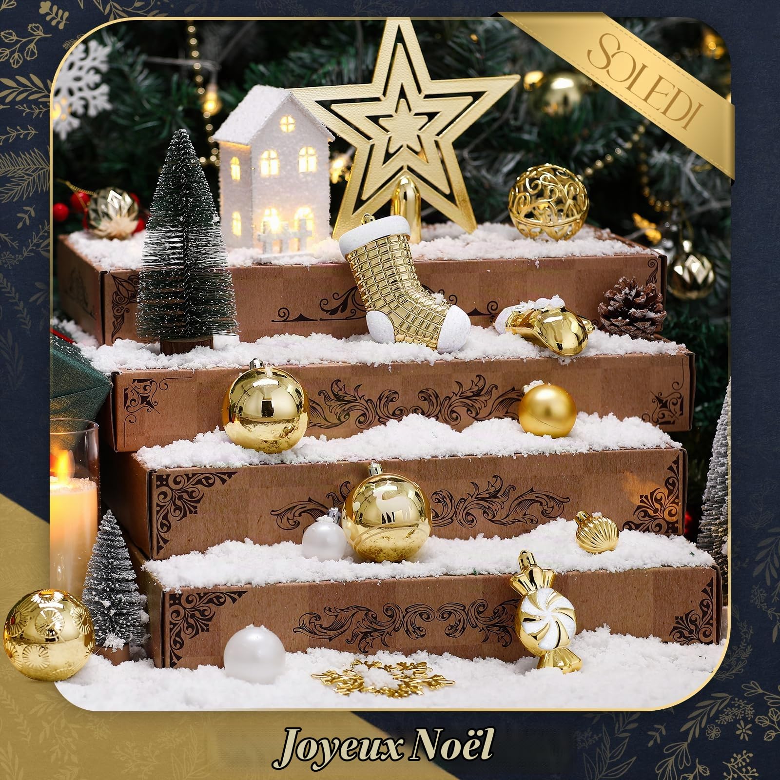 SOLEDI Lot de 128 Boule de Noel - Decoration Noel Sapin - Boules de Noël en Plastique Incassable - pour Decoration Noel Extérieur ou Intérieure - Décorer Sapin de Noël - Deco Noel (Or et Blanc)