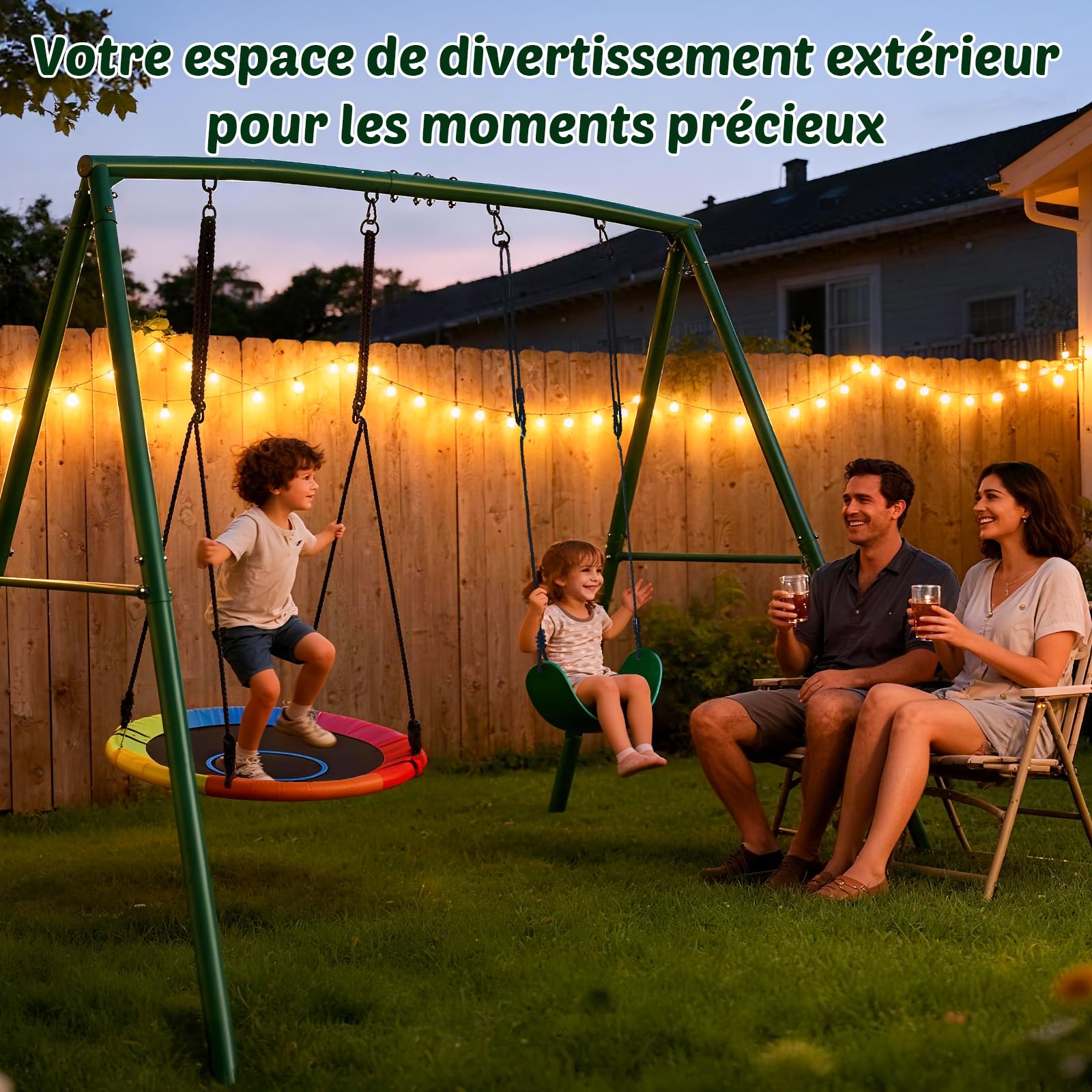 Trekassy Portique Balancoire Exterieur Enfant, capacité 200 kg avec 2 Balancoire, Cadre en Métal Robuste en A et Corde Réglable,pour Adulte et Enfant de 3 Ans+, pour Arrière-Cour Aire de Jeux