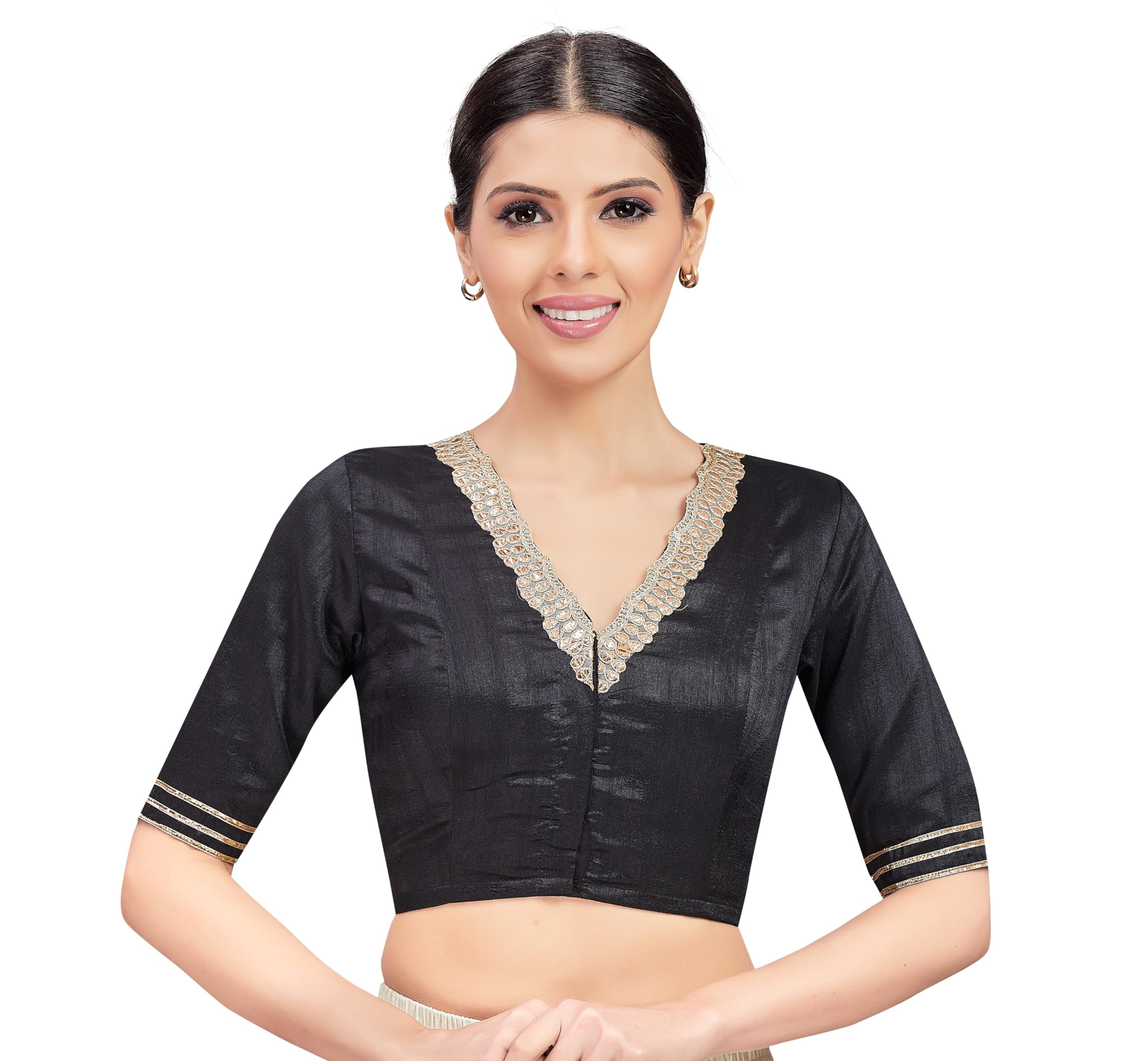 Studio ShringaarWomen's Readymade Silky Saree Blouse Elbow Length Sleeves With Embroidered Neckline Choli