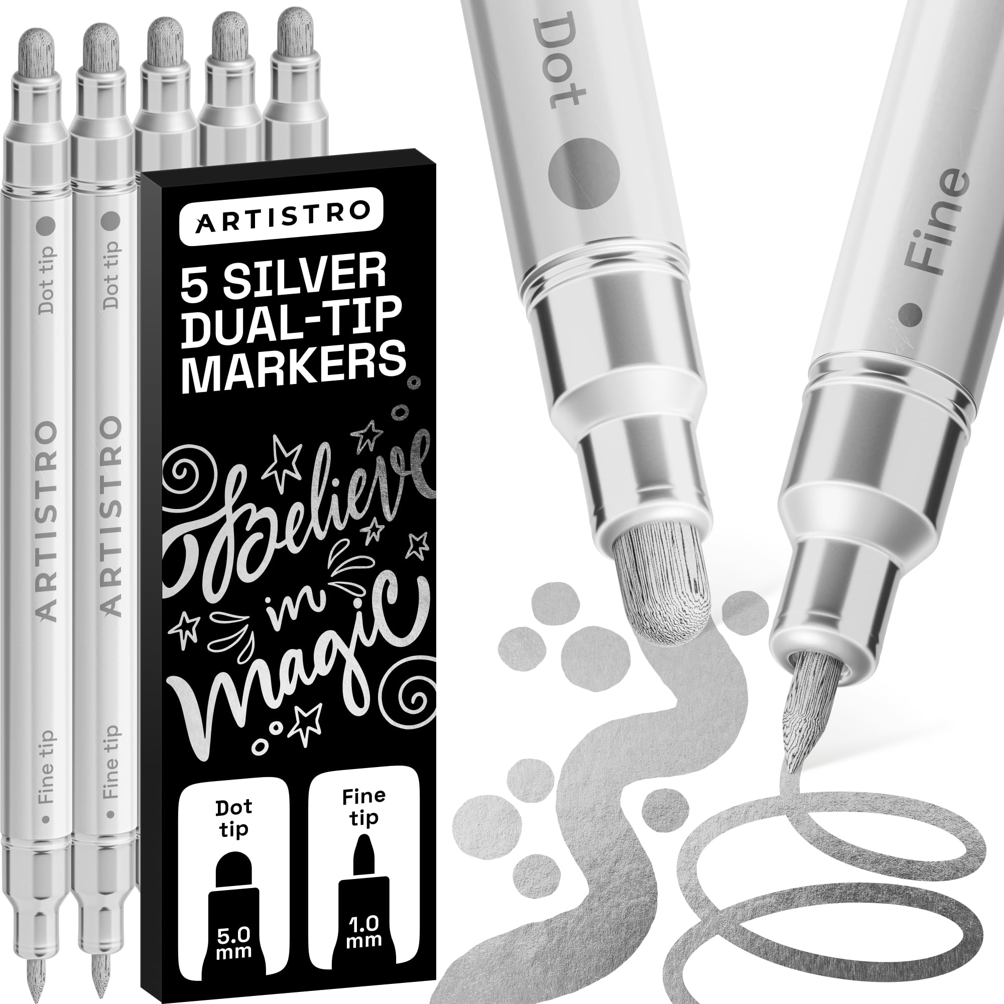 ARTISTRO 5 Silver Acrylic Paint Markers for Rock, Fabric, Wood, Glass, Eggs - Dual-Tip Paint Pens for Coloring Books for Adults, Teens, Kids - Art & Craft Supplies - Gift Idea - Easter Basket Stuffers