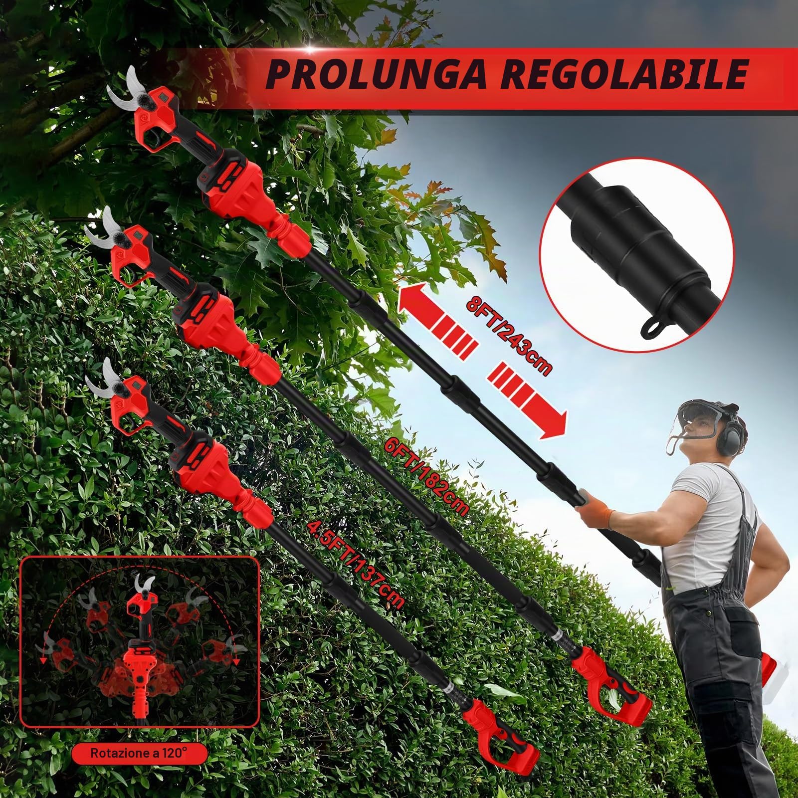 Troncarami a batteria con asta 2 in 1 compatibile con batteria Milwaukee 18 V, diametro di taglio 30 mm, con lama di ricambio per giardinieri e taglio ad albero, prolunga 2 m (senza batteria)