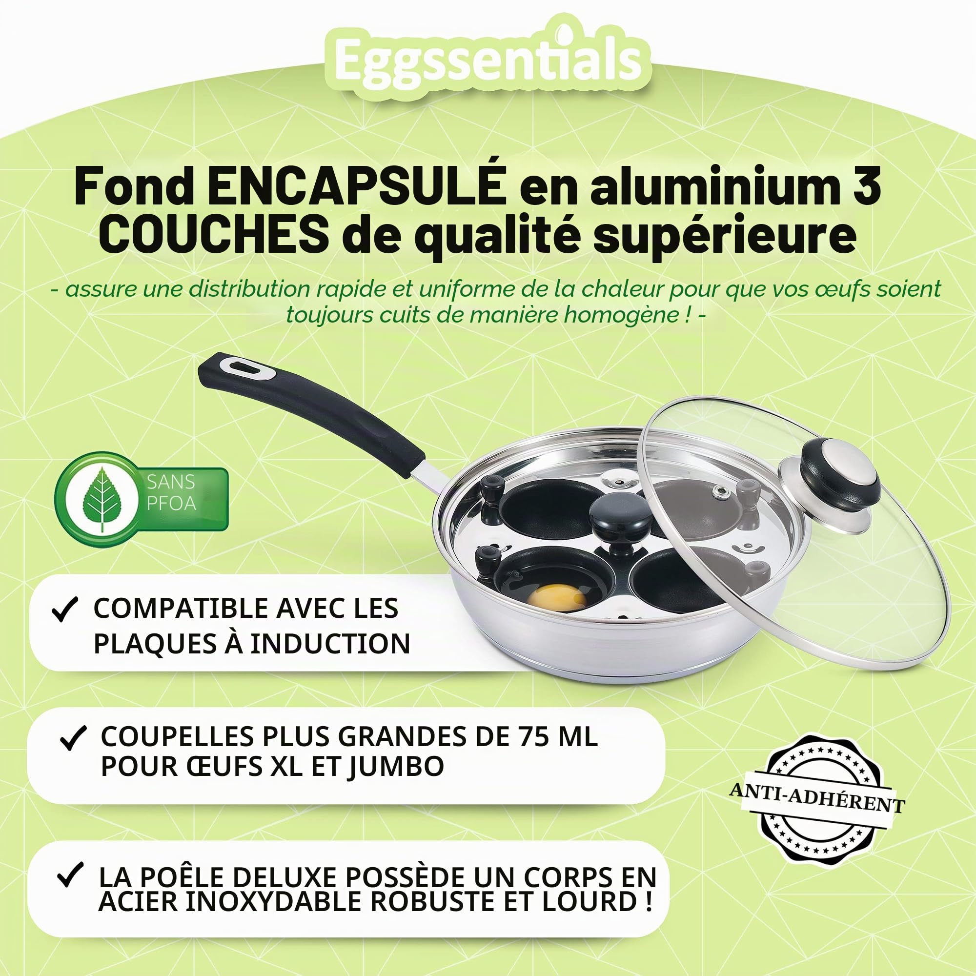 Eggssentials oeufs pochés - 4 tasses antiadhésives pour pocher les œufs - poêle à œufs en acier inoxydable certifiée FDA et qualité alimentaire PFOA avec spatule gratuite