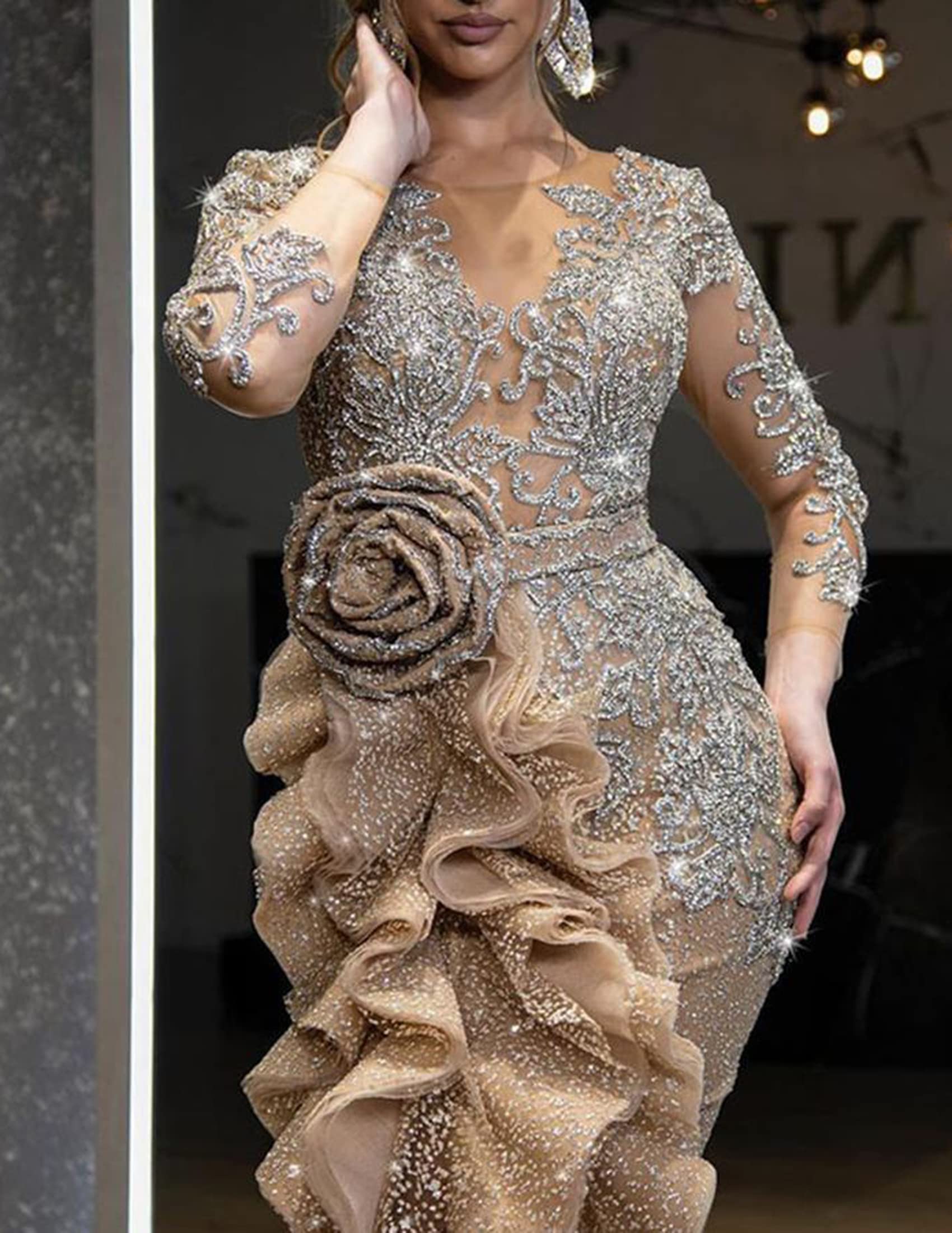 NLAVW Abendkleider für Damen, lang, figurbetont, mit Rüschen, formelles Kleid, Ballkleid, Seitenschlitz, Glitzer, Party, Abschlussball, Kleid, Kleider, reife Kleider
