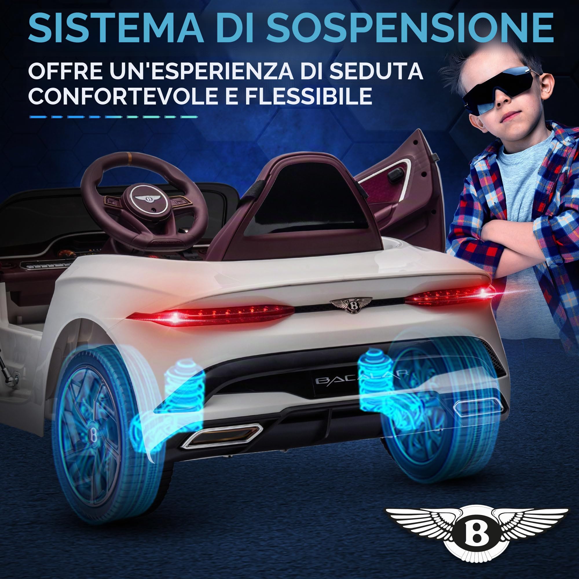 HOMCOM Auto elettrica per bambini 3-5 anni 2 motori 12V 25W Bianco | 3-5 km/h, telecomando 2.4G, MP3, clacson, 2 fari anteriori e 2 posteriori, ruote sospese, 2 porte apribili, Bentley Bacalar