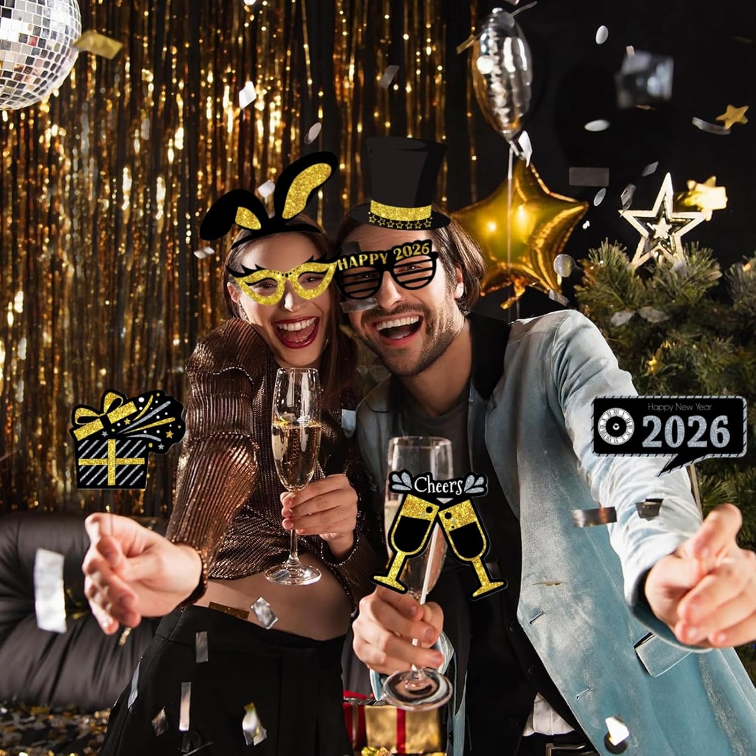 53 Pieces New Years Eve Photo Booth Props Glitter New Years Photo Booth Props 2026 Happy New Year Props for New Years Eve Party Supplies 2026 Happy New Year Decorations - Image 6