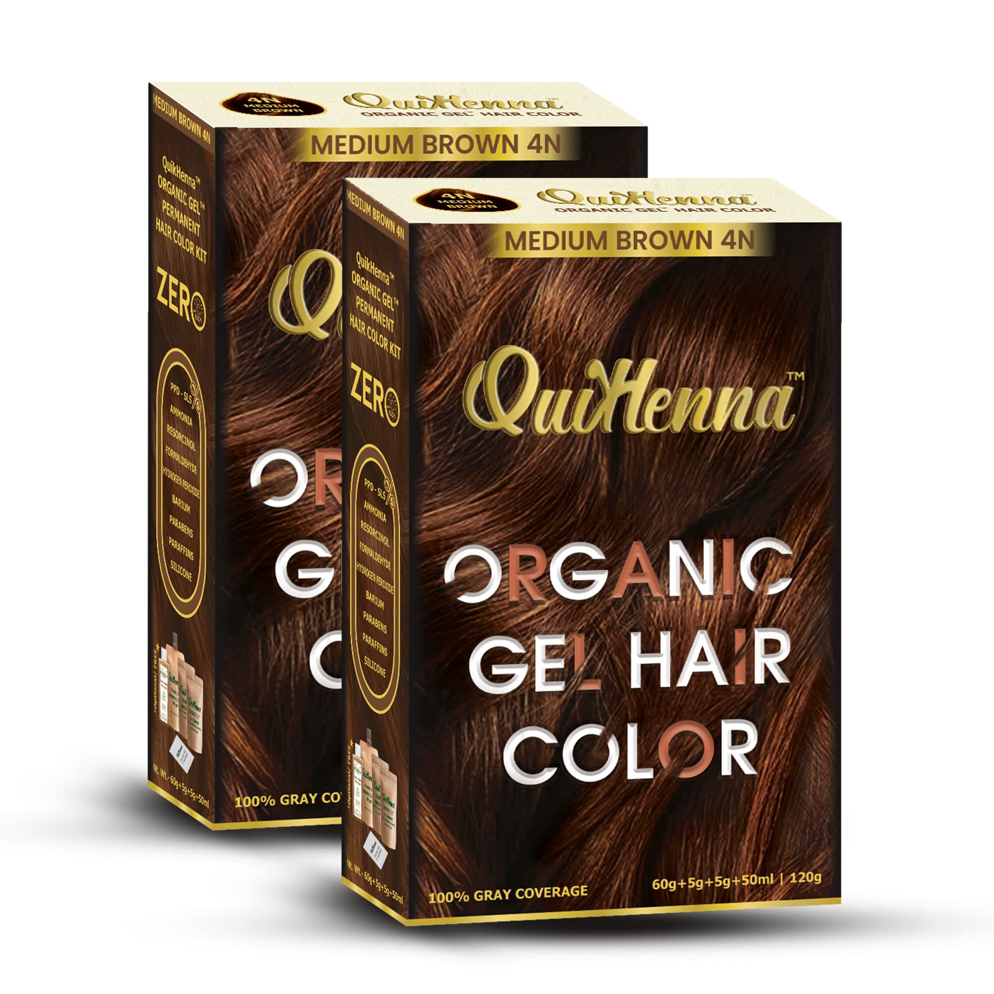 Organic Hair Colour Gel 4N Medium Brown - PPD & Ammonia Free Permanent Natural Hair Color, 100% Grey Coverage, Long Lasting Gel Colour for Men & Women, 120gm (Pack of 2)