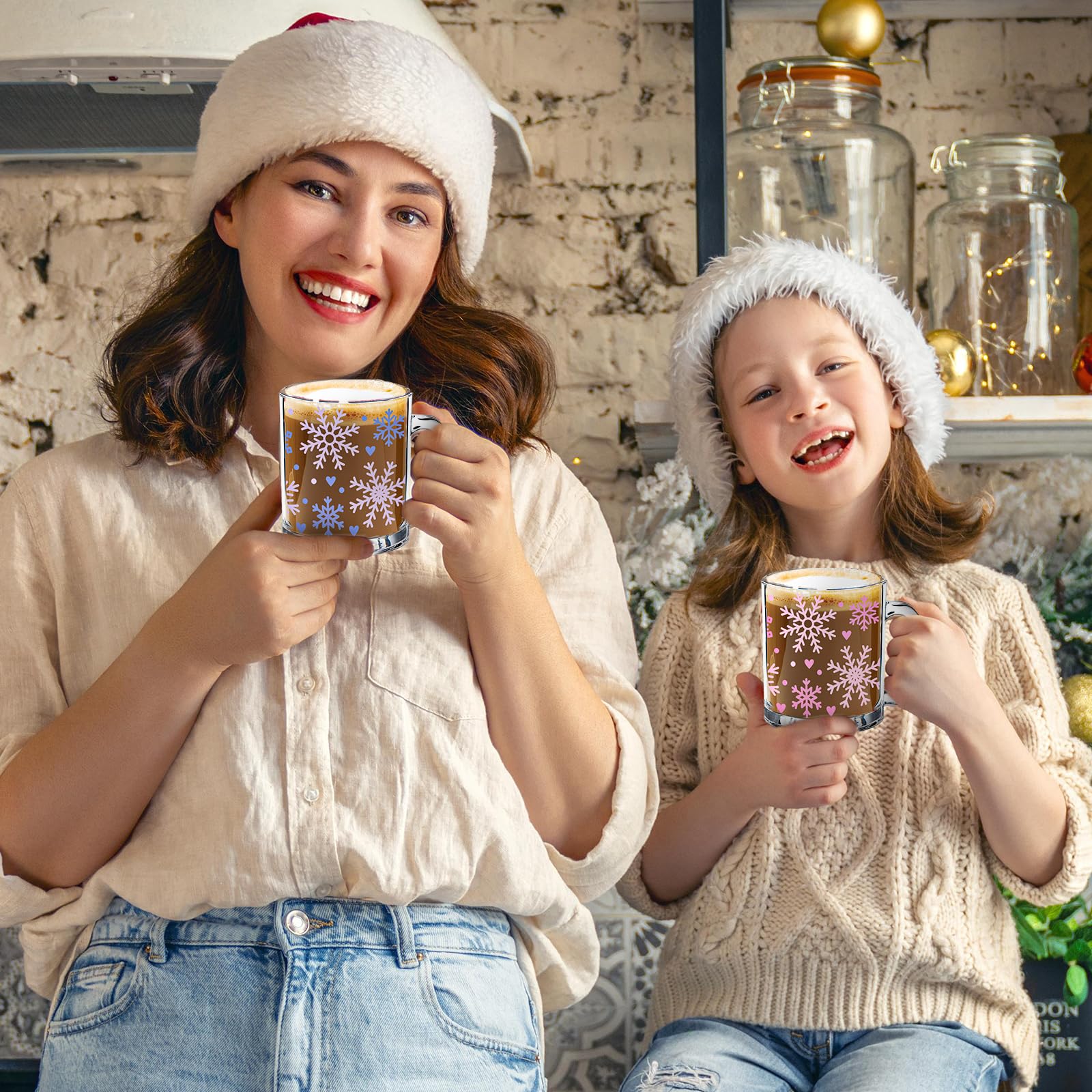 Whaline 4 tazze da caffè natalizie in vetro con manico con fiocco di neve invernale tazze da caffè tazze per bevande calde fredde acqua tè latte