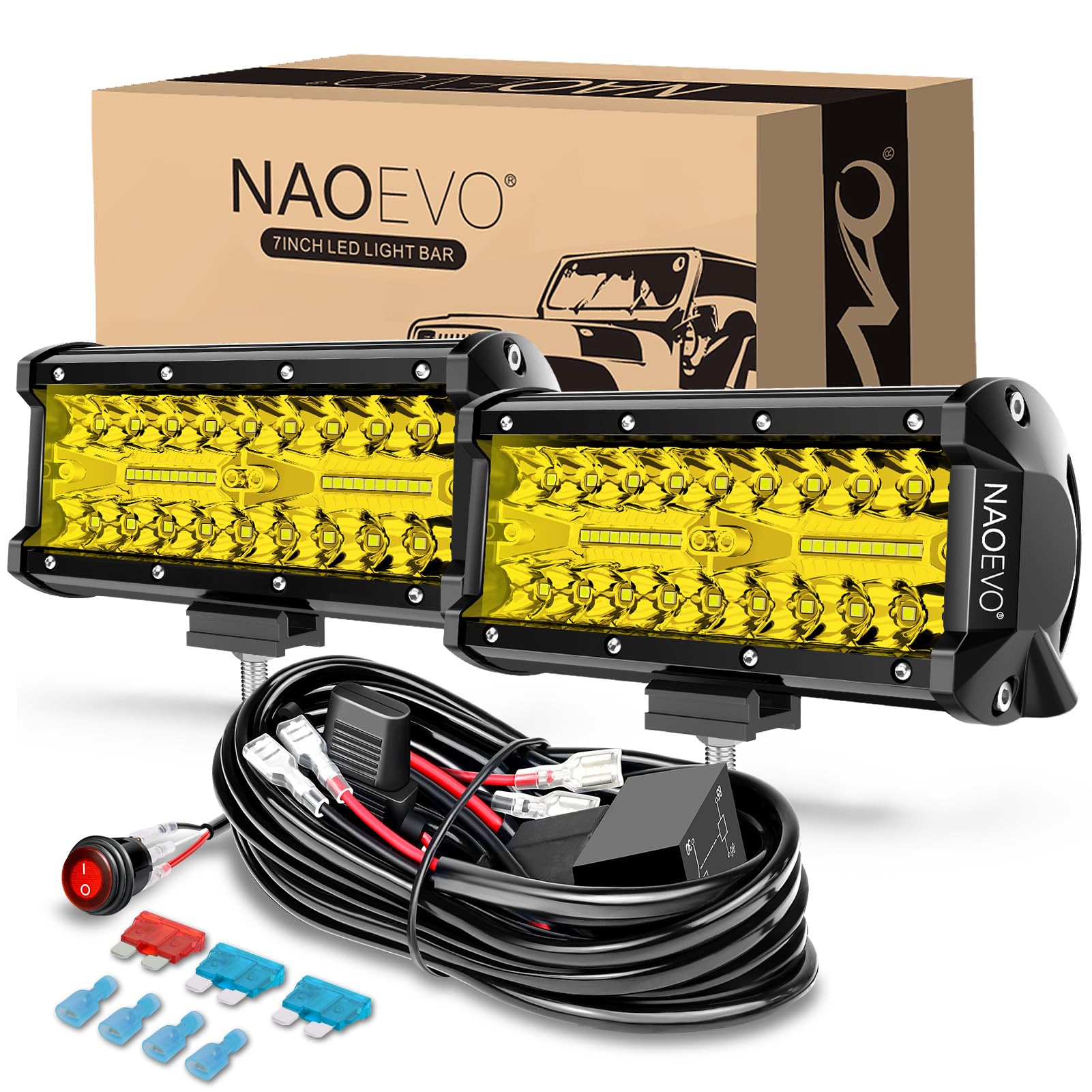 NAOEVO 7 Inch Yellow LED Light Bar, 240W 24,000LM Offroad Fog/Driving Lights LED Pods with 2 Leads Wiring Harness Kit, Spot & Flood Work for Truck