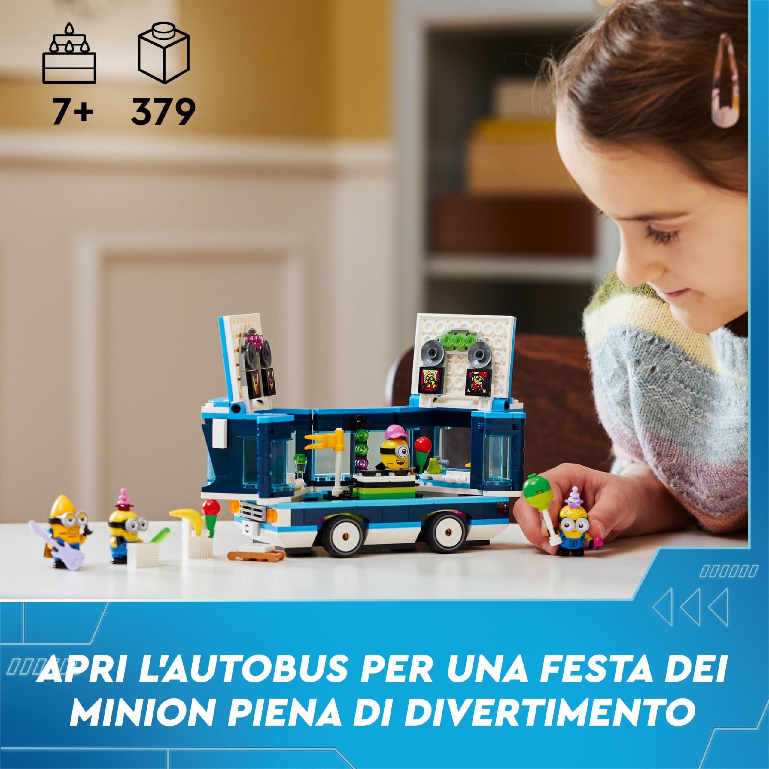 LEGO Cattivissimo Me Il Party Bus Musicale dei Minions, Set dal Film della Illumination, Autobus Giocattolo da Costurire, Giochi Creativi per Bambine e Bambini con 4 Minifigure, Idea Regalo 75581