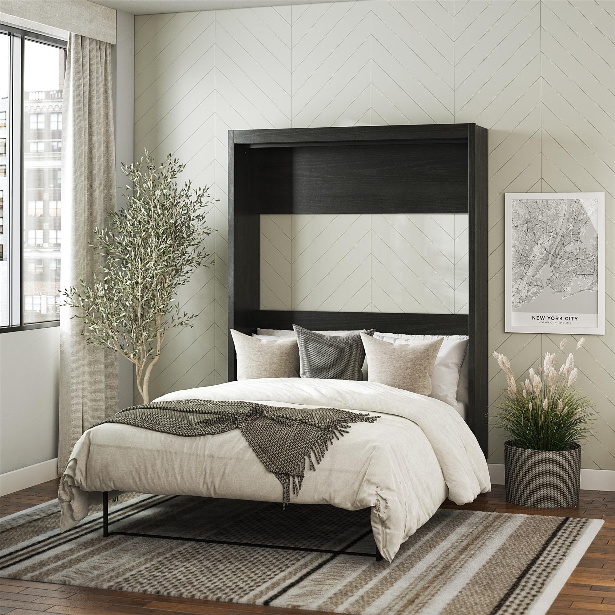 REALROOMS Halstead Full Size Murphy Bed with Storage, Space-Saving Fold-Out Wood Wall Bedframe for Guest Room or Bedroom, Black Oak