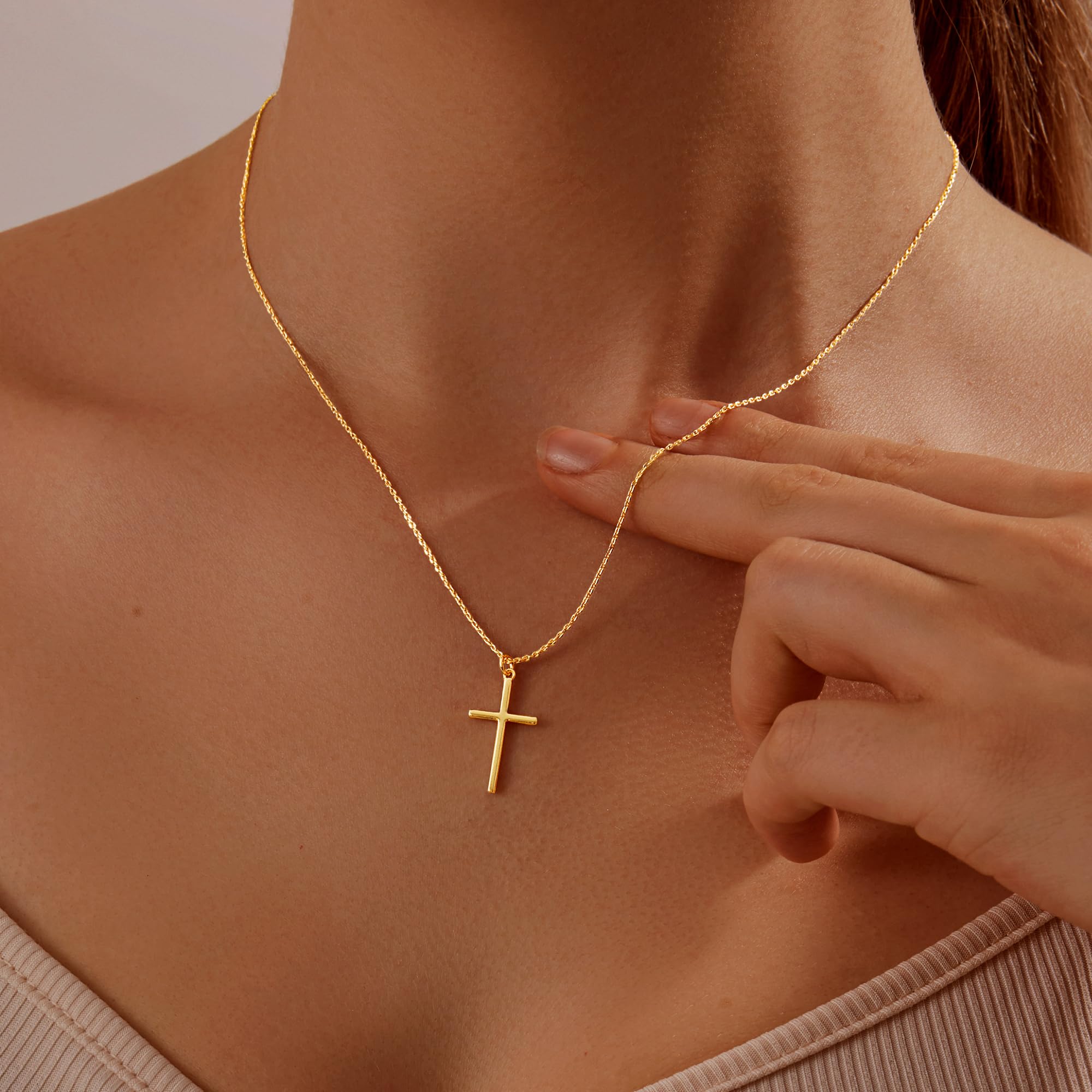 Collar de cruz chapado en oro de 14 quilates, plata de ley para mujer, delicado, pequeño, simple, pequeño, clásico, doble circonita, juego de perlas, collar con colgante de cruz, regalo de 4