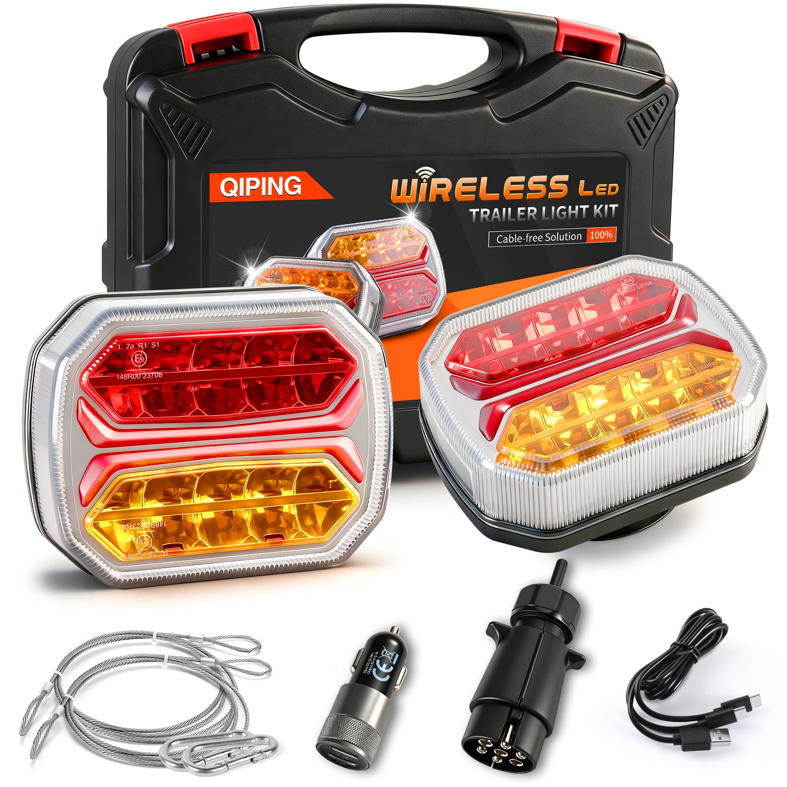 Kabellose Rückleuchten Anhänger 12V, Magnet Rückleuchten Funk, Wiederaufladbar, 7-Pin Stecker funk beleuchtung für Anhänger Traktor LKW RV, IP67 Wasserdicht, E9 Geprüft