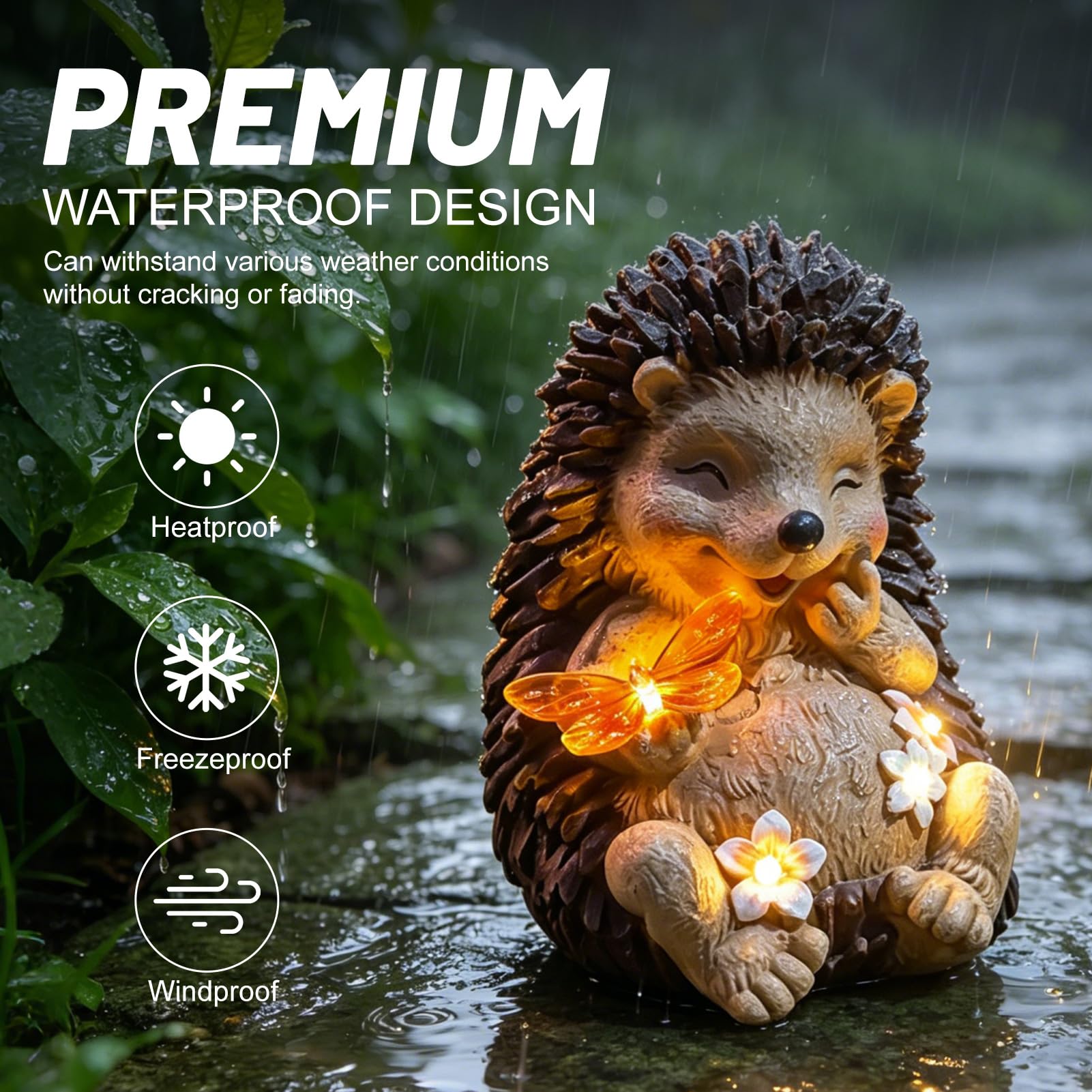Nexoria Solar Igel Gartenfiguren mit Blumen Gartendeko für Draußen Wetterfest Igel Deko mit Led Lichter Solar Igelfigur mit Schmetterling Gartenleuchte Solarlampe für Garten Balkon (A)