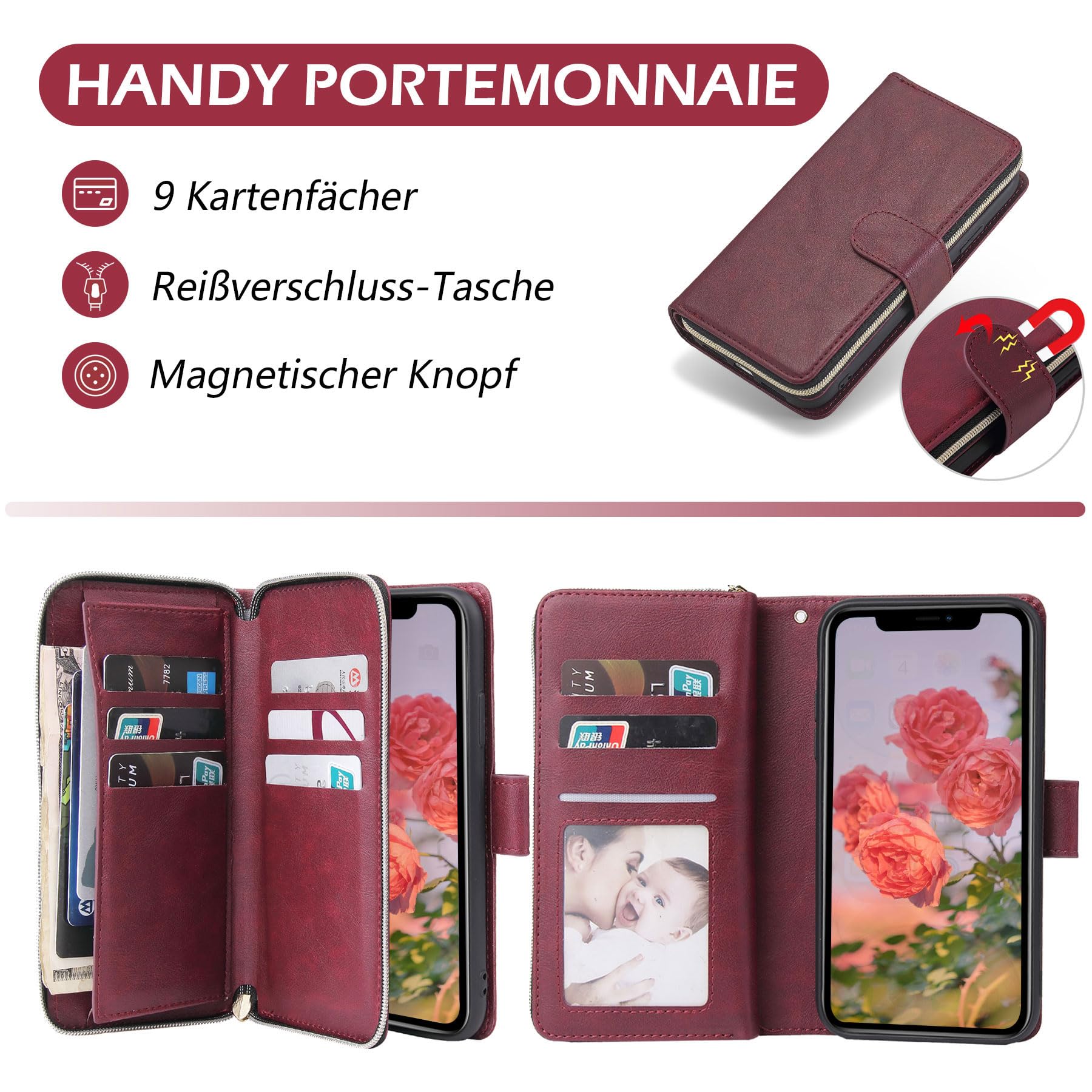 ZCDAYE Custodia per Samsung Galaxy A34 5G con 9 scomparti per carte di credito, in pelle PU per Samsung A34 5G, colore rosso