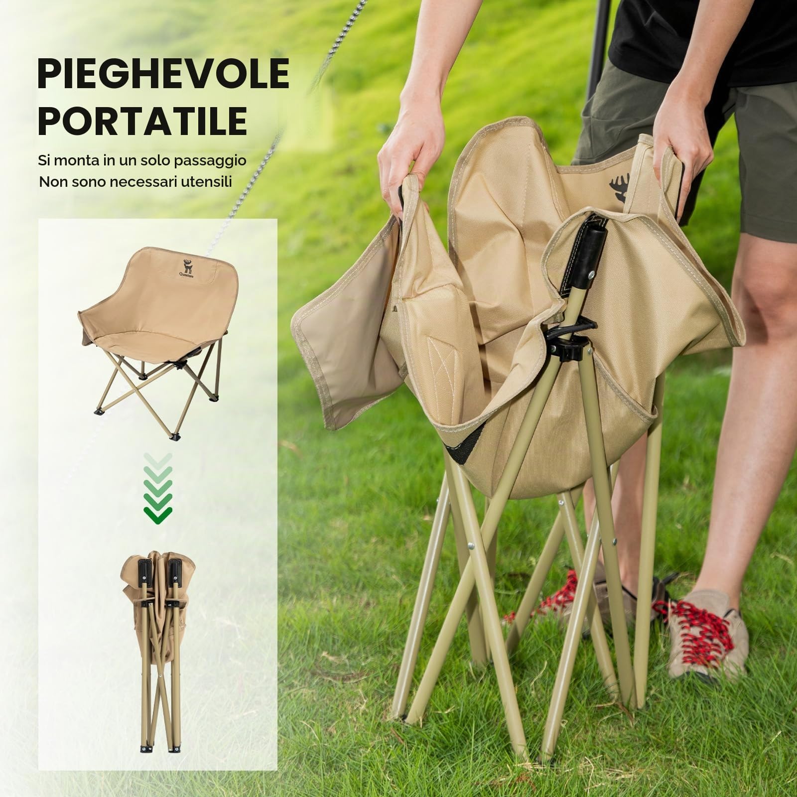 2 Pezzi Sedia da Campeggio Pieghevole Max Portata 120kg per Adulti | Larghezza Seduta 60cm, Tasche Laterali, Portatile con Borsa da Trasporto, Sedie per Pesca Spiaggia Giardino, Kaki