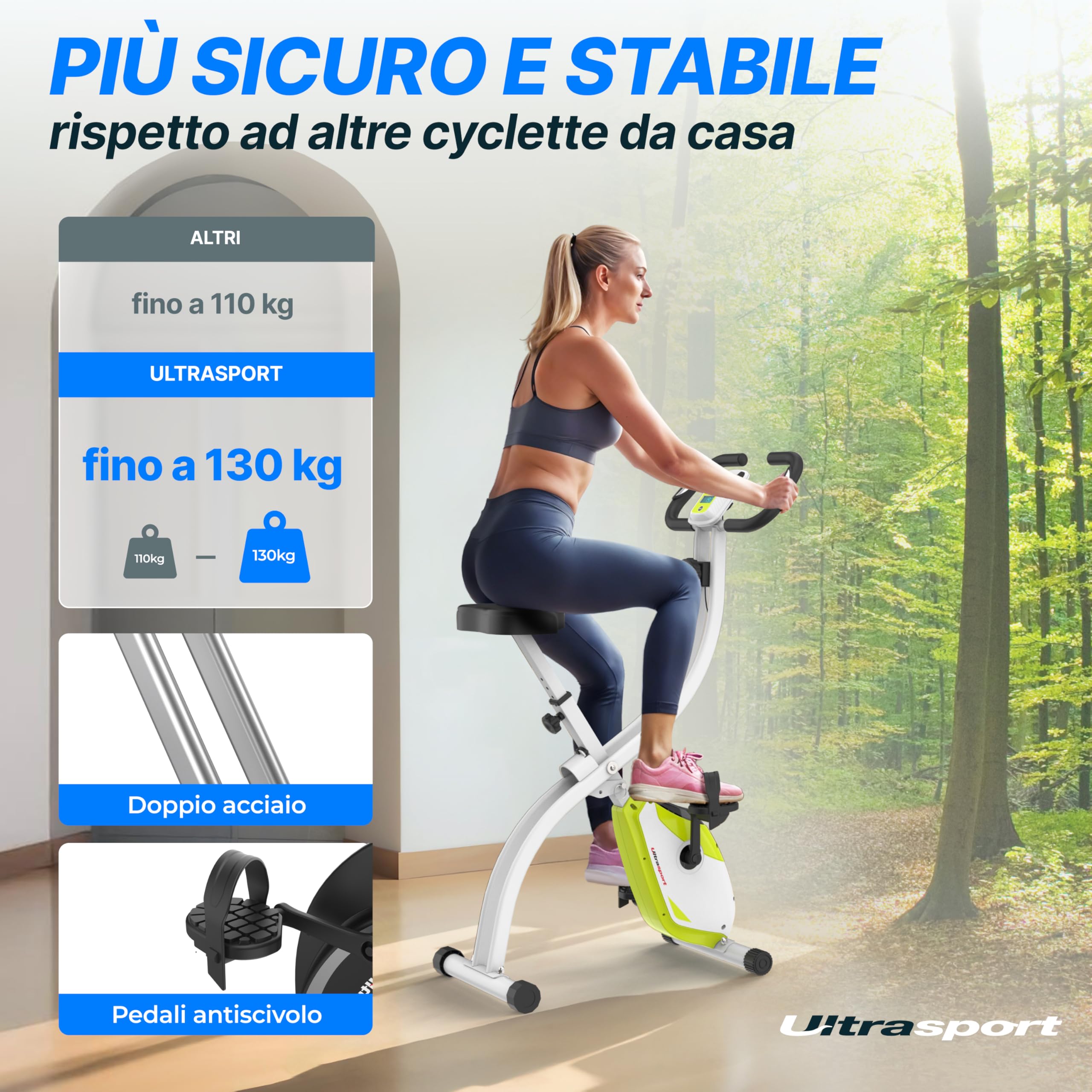 Ultrasport F-Bike Cyclette da Casa Pieghevole I Cyclette Pieghevole da Casa fino a 130 KG con Sella Extra Confortevole, LCD Display e Sensori delle Pulsazioni, Cyclette da Camera