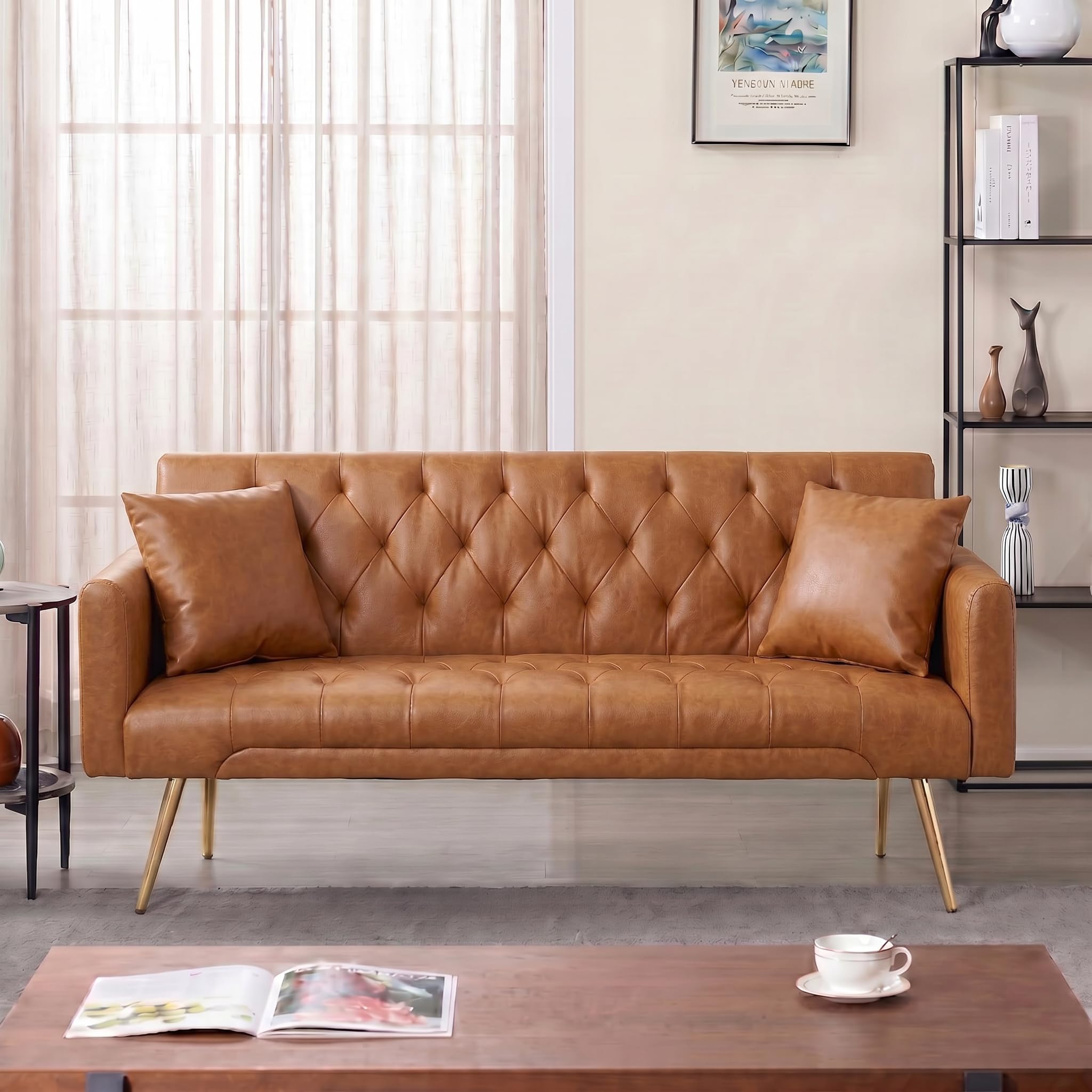 Trygoal Futon Sofa Bed, PU Leather Futon Couch Bed with Adjustable Backrest, Convertible Sofa Beds with 2 Throw Pillows, Small Couches for Small