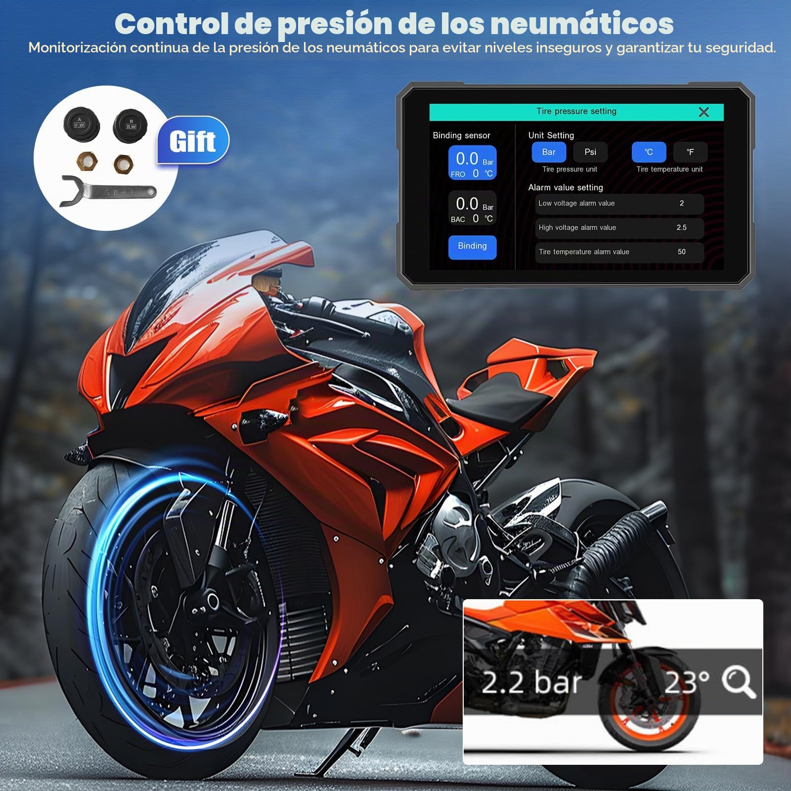 [2026 Nuevo] CAMECHO Pantalla Táctil de 5'' CarPlay Inalámbrico para Moto con Detección de Presión de Neumáticos, GPS Moto y Coche con CarPlay Inalámbrico Android Auto Bluetooth IP67 Impermeable 12V