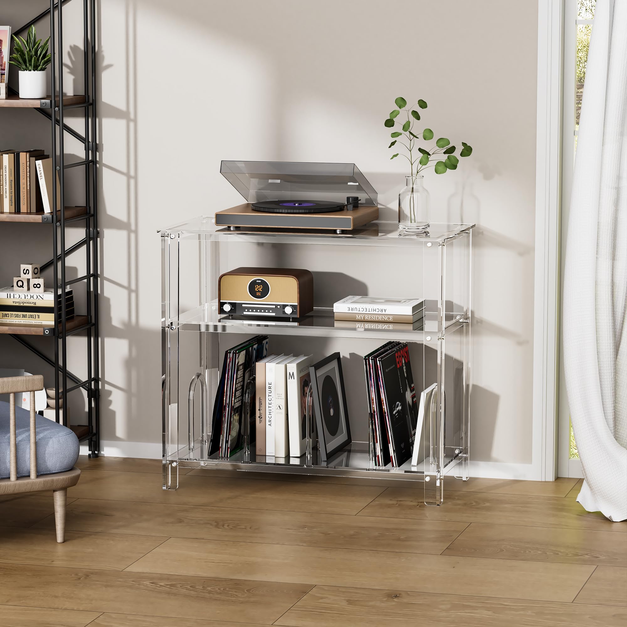 Supporto per giradischi in acrilico, con contenitore in vinile, supporto per giradischi, tavolo portaoggetti per soggiorno, ufficio (trasparente, 80 x 40 x 73 cm)