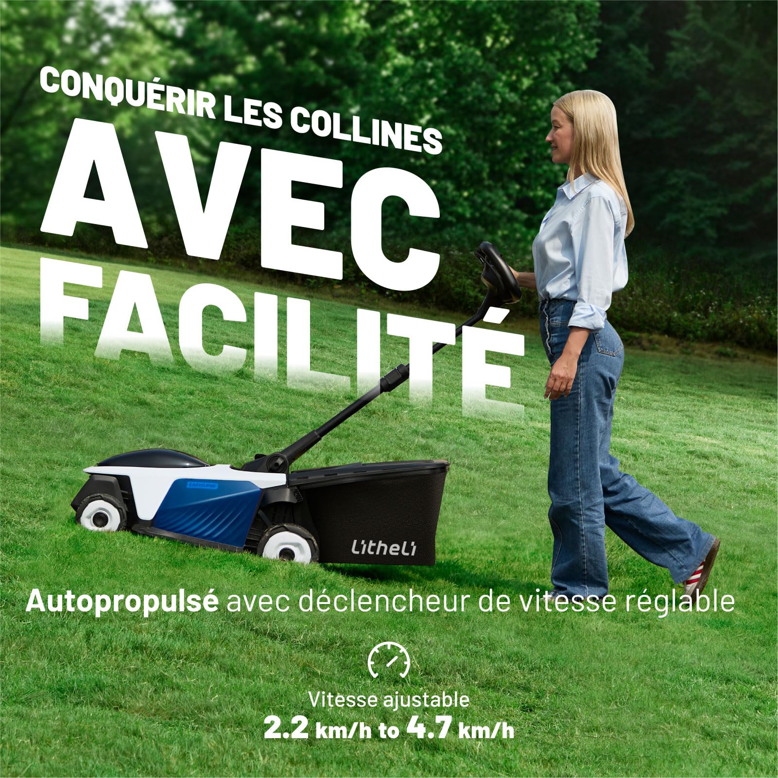 Litheli Easysurge Tondeuse à Gazon sans Fil 43cm, 2X 20V Batteries 4.0Ah, Autotractée (2,2-4,7 km/h), Bac 50L, 25-75 mm Hauteur Réglable, pour Pelouses jusqu'à 500m²