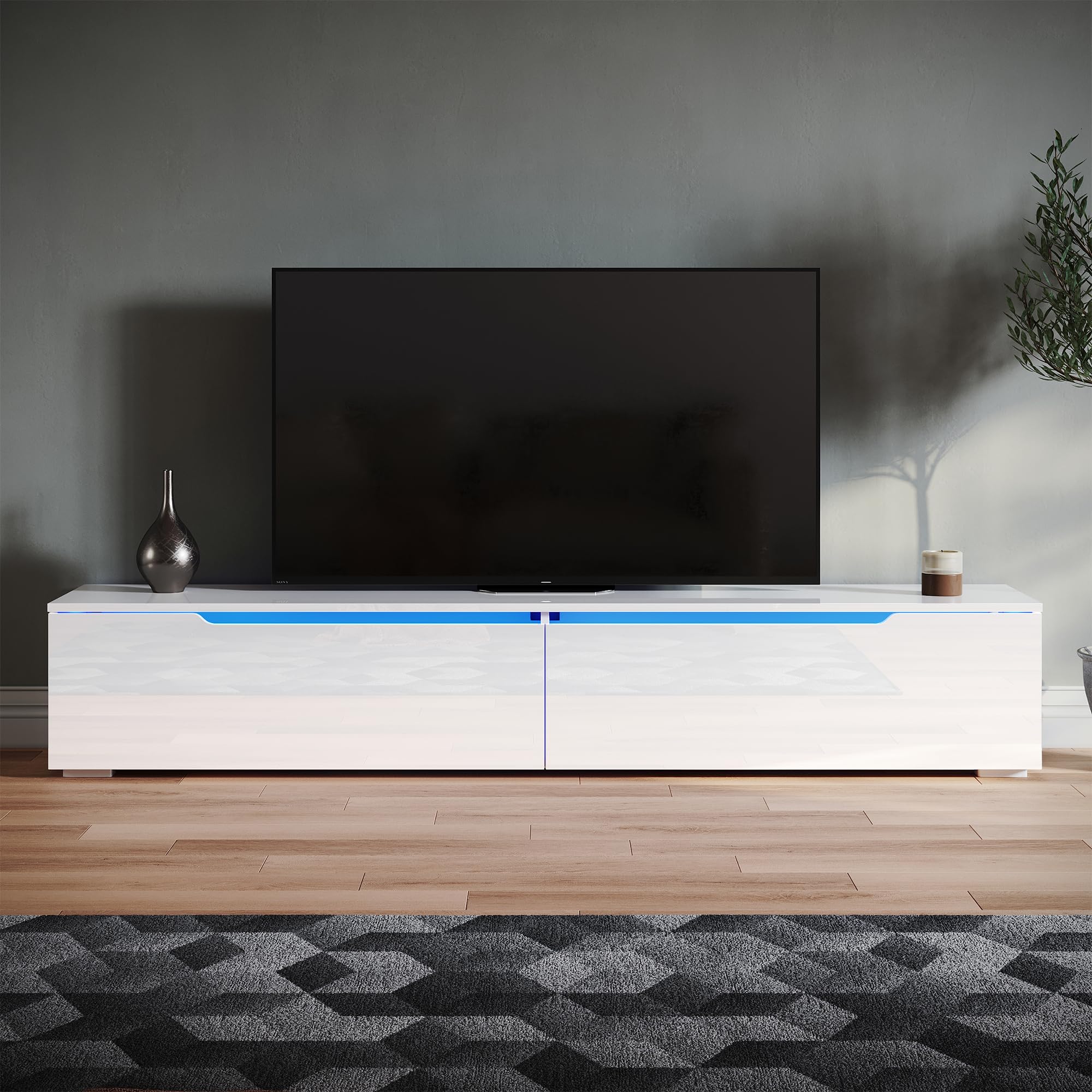 SONNI Mueble TV con Luz LED Regulables de 12 Colores,Mueble de Salón Blanco 180x35x30cm