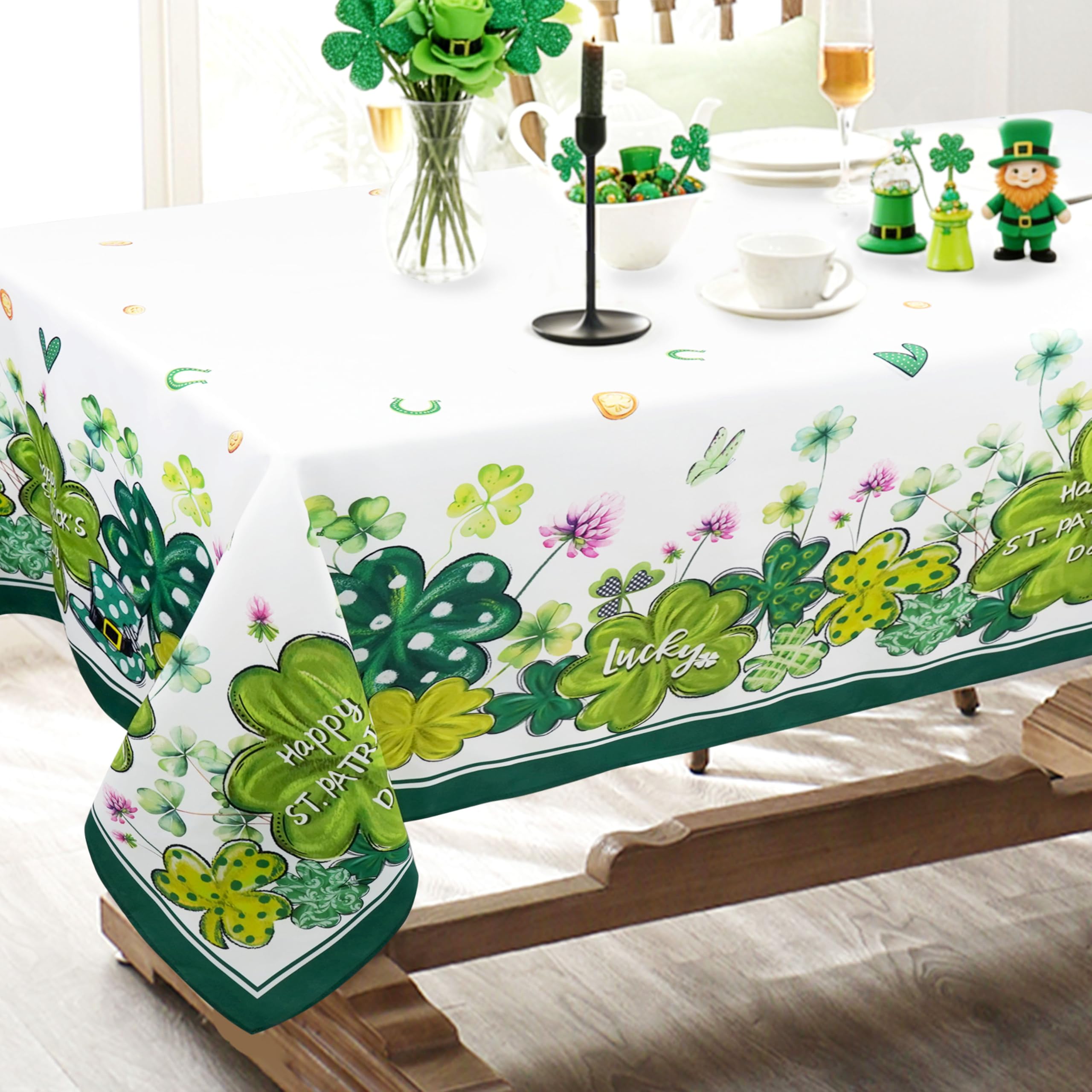 Spring Summer Tablecloth Waterproof Fabric Oblong Rectangular Tablecloths, St Patricks Day Tablecloth Table Cover Rectangle 60 x 84 for Kitchen Dining, Restaurant, Party, Outdoor Holiday Picnic