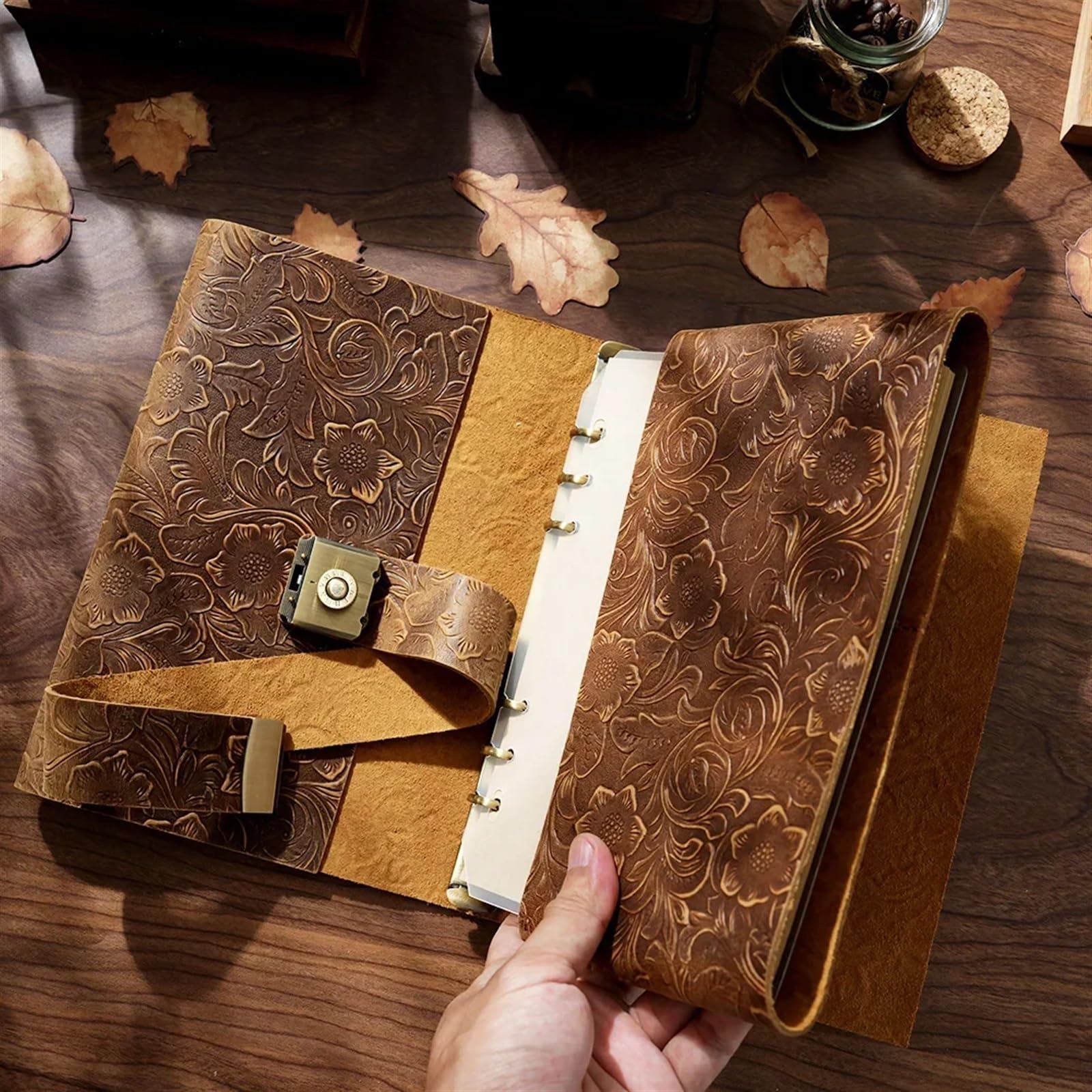 Vintage Journal A5-Ringe-Planer aus echtem Leder, lässig, Passwort-Notizbücher mit Schloss, Tagebuch, kreativer Vintage-Notizblock, Schule, Studenten, Schreibwaren(Style1)