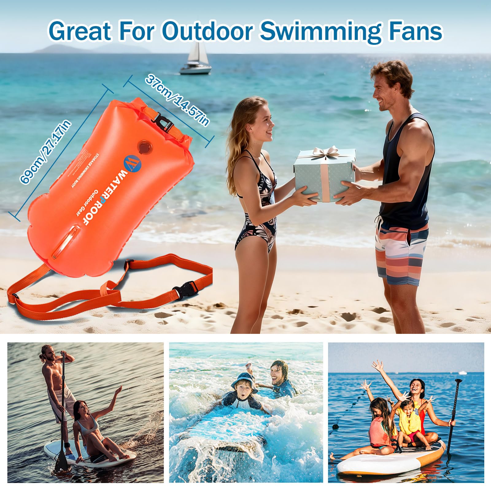 Schwimmboje mit Touchscreen-Fach für Triathlon & Freiwasser | Sicherer Auftrieb, wasserdichtes Trockenfach, Doppelkammer, bis 100 kg, 0.35 mm PVC, sichtbar im See, Strand, Familie, Geschenk