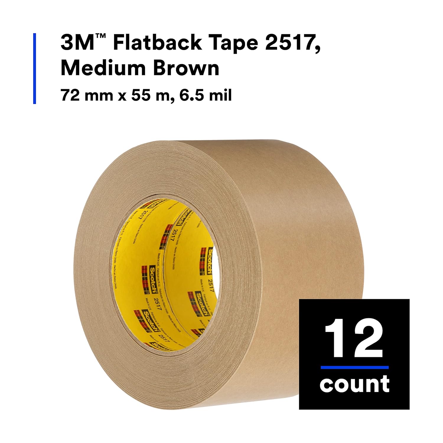 3M Flatback Tape 2517, General Purpose, Kraft Paper Backing, Immediate Initial Tack, Hand Tearable, Removes Easily, Machine Dispensable, 6.5 mil, 72 mm x 55 m, 12 Roll/Case