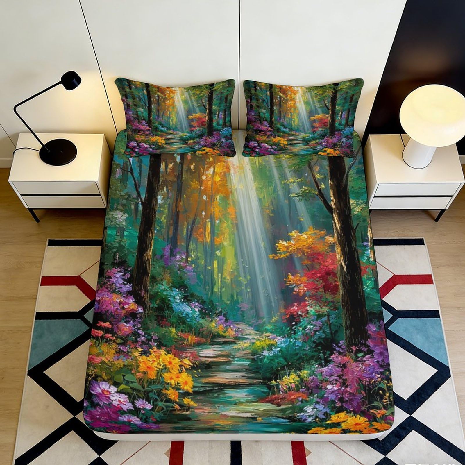 3D Printed Forest Sunlight Fitted Sheet Microfiber Soft Woodland Flowers Bed Cover for Bedroom Guest Room Decor 90x200x25cm