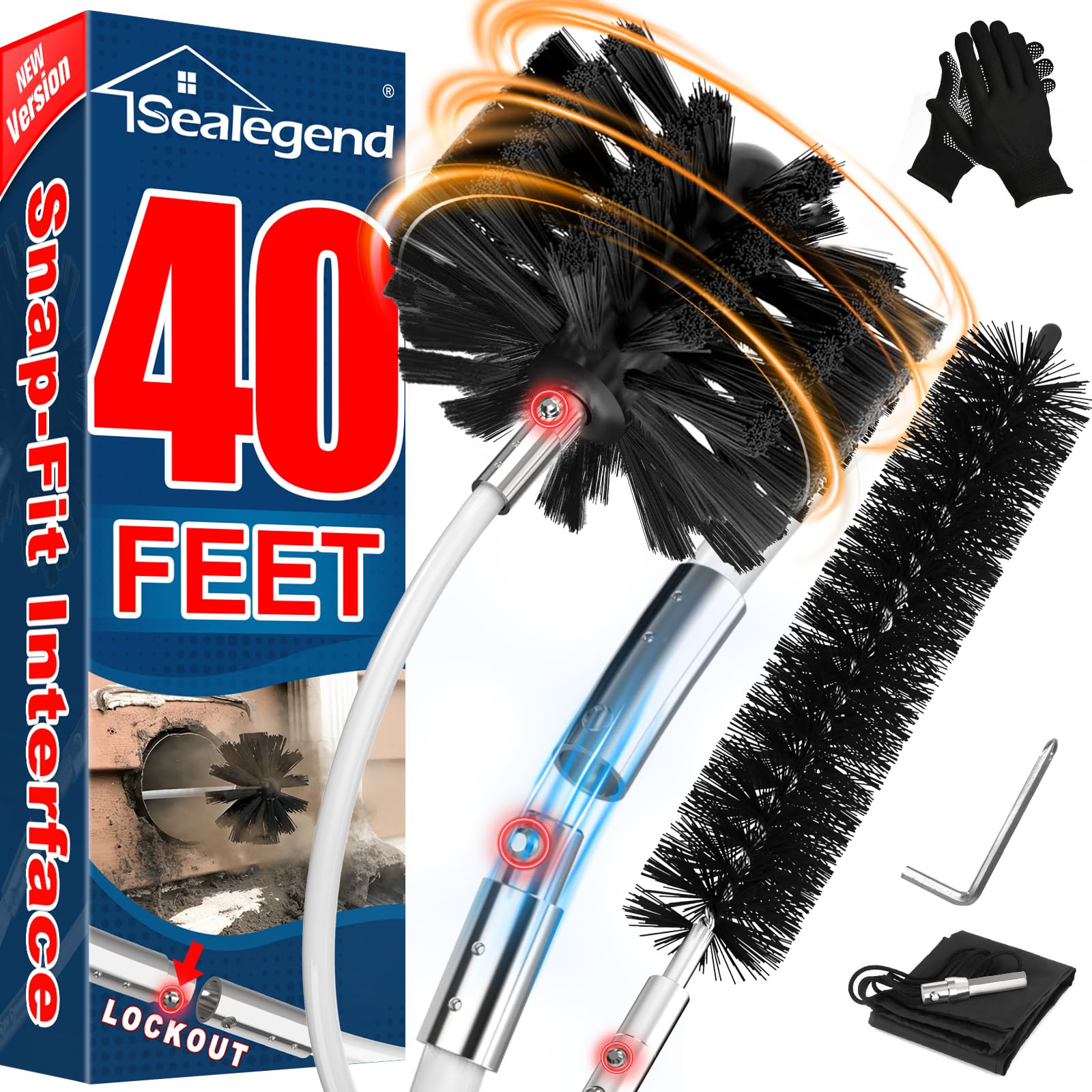 Sealegend 40 Feet Dryer Vent Cleaner Kit/Lint Remover/Upgraded Flexible Quick-Snap Brush with Drill Attachment/Fireplace Chimney Brushes for Easy to Use/Works with or Without Power Drill