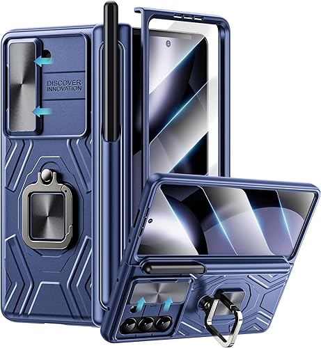 WSKEN Funda para Samsung Galaxy Z Fold 5 con soporte para S Pen protección de bisagra cubierta de cámara deslizante soporte magnético de anillo de