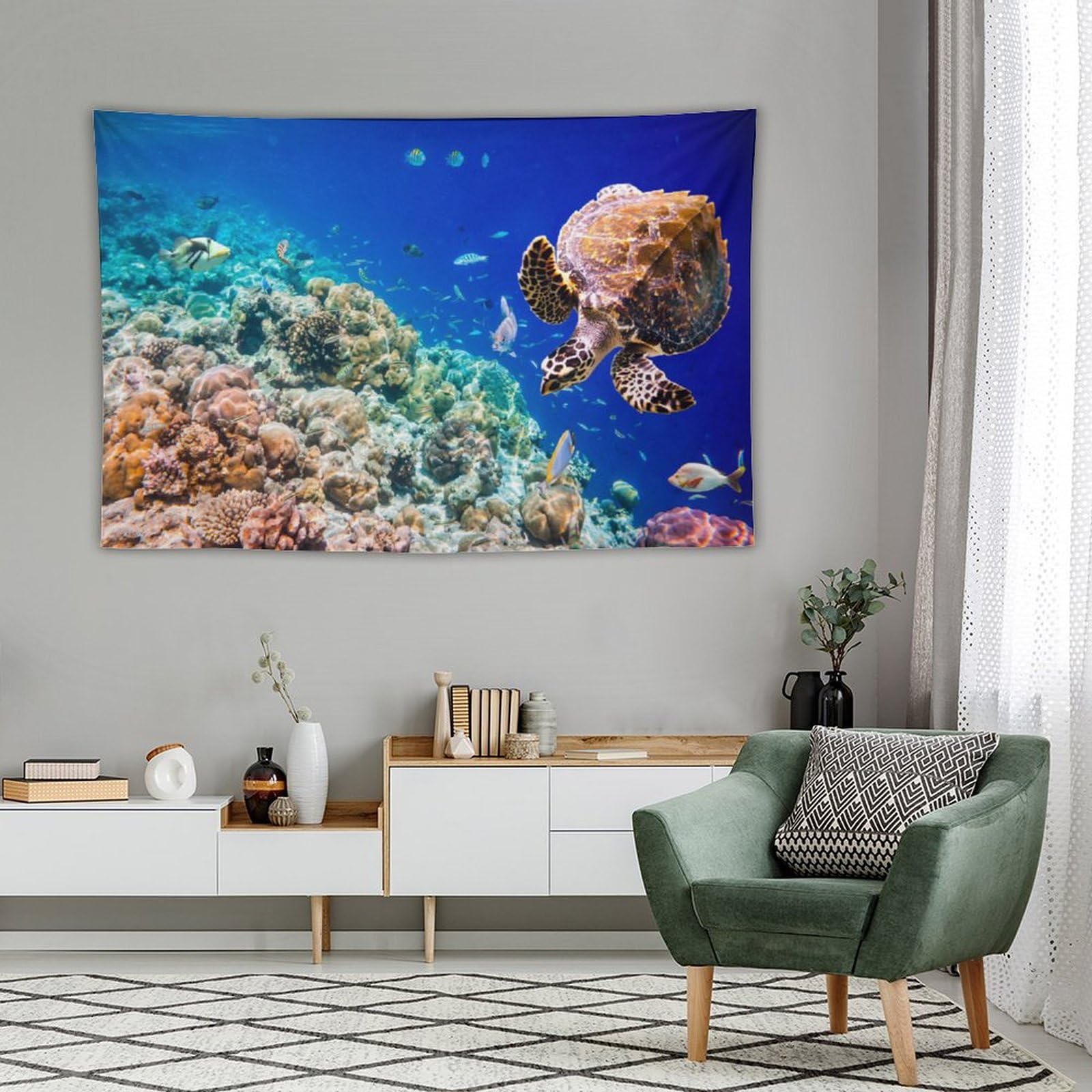 Amazon.co.jp: タペストリー 海の生き物 ウミガメ 海の景色 布