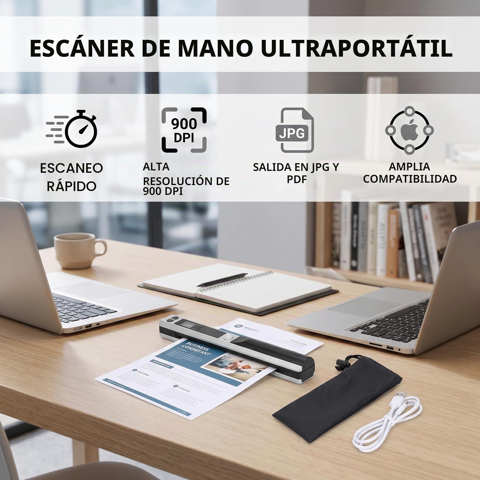 Escáner Portátil USB 2.0 para Documentos Fotos Libros y Recibos 300 600 900 dpi Escaneo Rápido Formatos JPG PDF Color Plata Escáner de Mano Escáner de Sobremesa
