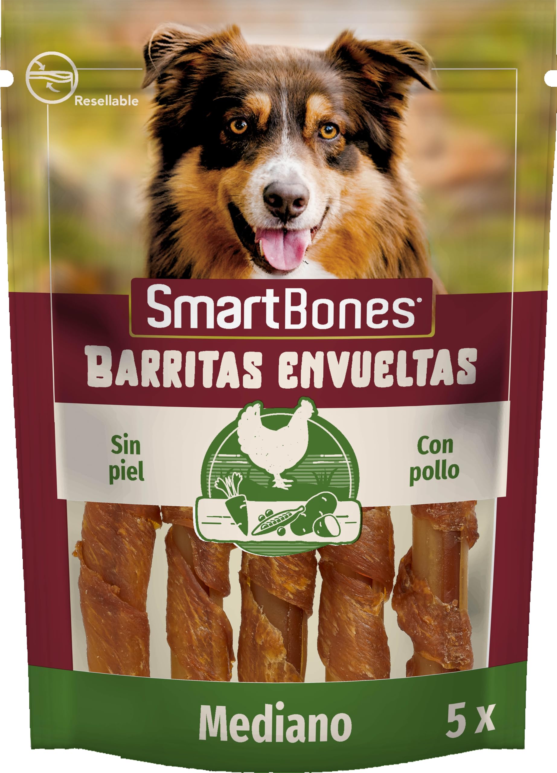 Smartbones 5 palitos envueltos en pollo, sin cuero crudo, golosinas masticables para perros