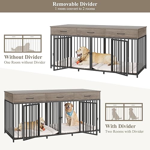 Miniatura 5 de HOSTACK Mueble doble para perros, perrera de 71 pulgadas de ancho para interiores con 3 cajones, jaula de granja para perros para 2 perros